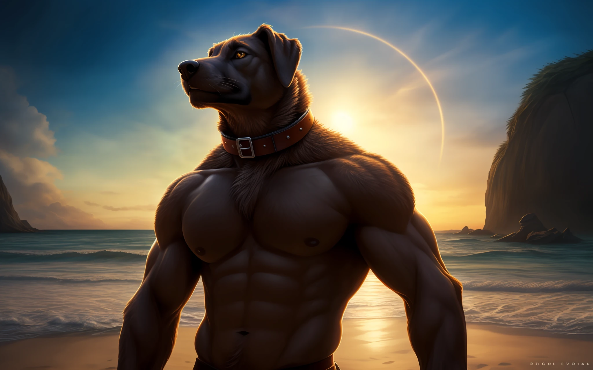 Labrador antropomorfico marrom chocolate, forte e musculoso, furioso, epic realistic, large prickly collar on the neck, foto, praia ao redor, encharcado, lighting dramatic, ((((hdr)))), ((((cores suaves)))), cena intrincada, Artistic Station, detalhes intrincados, musculoso, cachorro antropomorfico marrom fisiculturista, olhos azuis claros, furioso, alto, sombrancelha franzida, furioso descontrolado, coisas complexas ao redor
