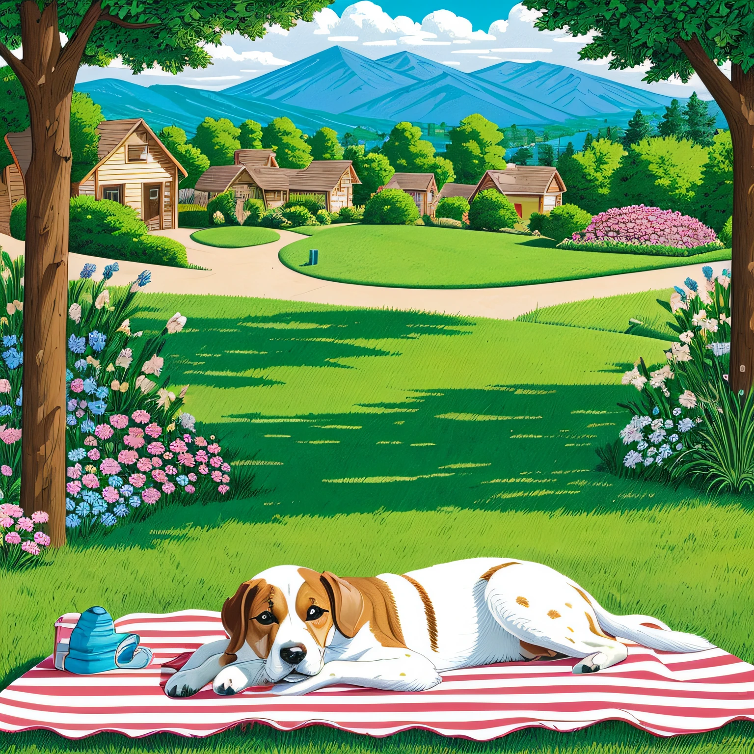 high quality of comic of a dog laying on a blanket in a yard, in front of adirondack chair, summer afternoon, summer setting, illustrative art, springtime, laundry hanging, warm spriing day in the garden, on a sunny day, sunday afternoon, hills and houses in background full color illustration by artist john sloane --auto