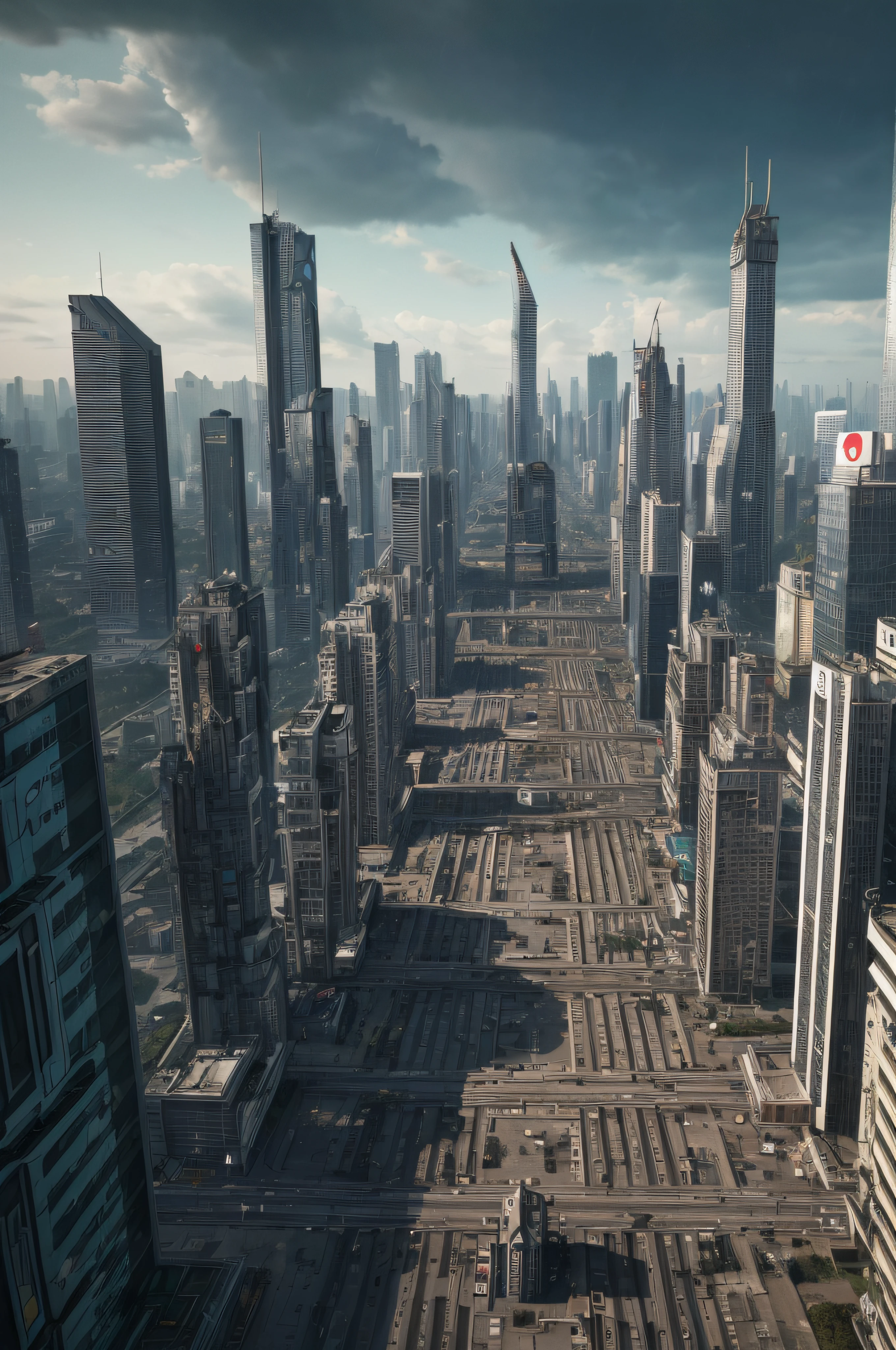 ((masterpiece, best quality)), 8k, modern architecture style, photo realistic, hyper detailed photo, clean sky, ruined city, cyberpunk,rain