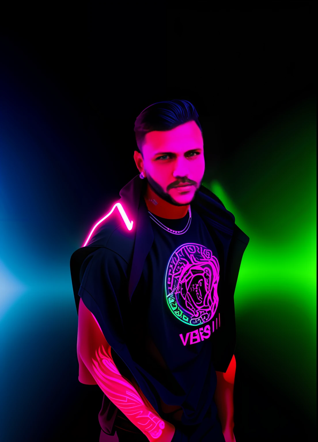 usar esse rosto em um corpo de dj com o fundo cheio de luzes, neon and lasers and with the audience dancing at a party --auto