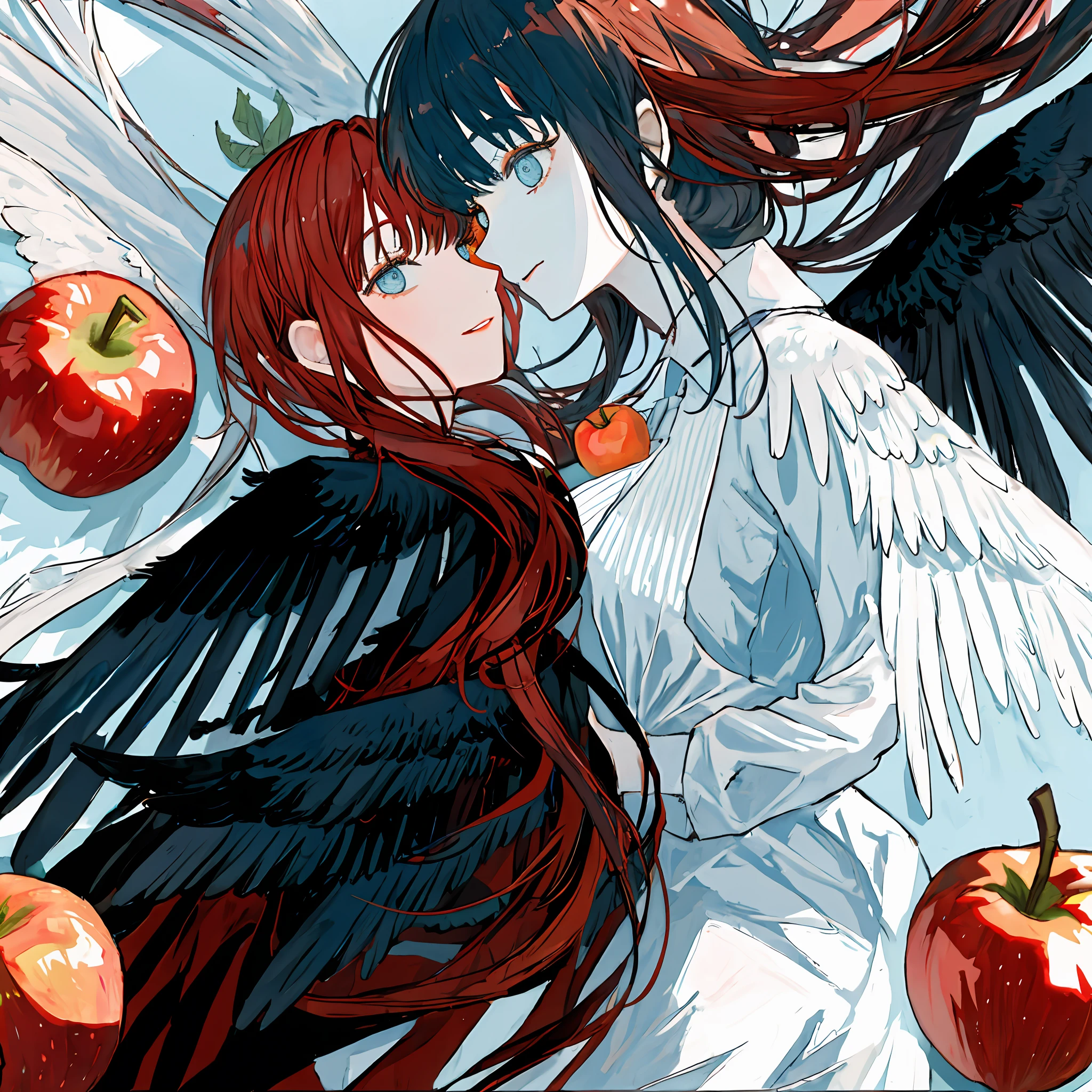 : apples、Be red in the face、cherrie、the fruits、full bodyesbian、Humanity、morango、Tomates、Beautiful and intricate background、Blue perfect eyes、High resolution face、White skin of the、Dreamy clear colors、Impressionist light and shadow、Two-person interaction、Feathered wings
