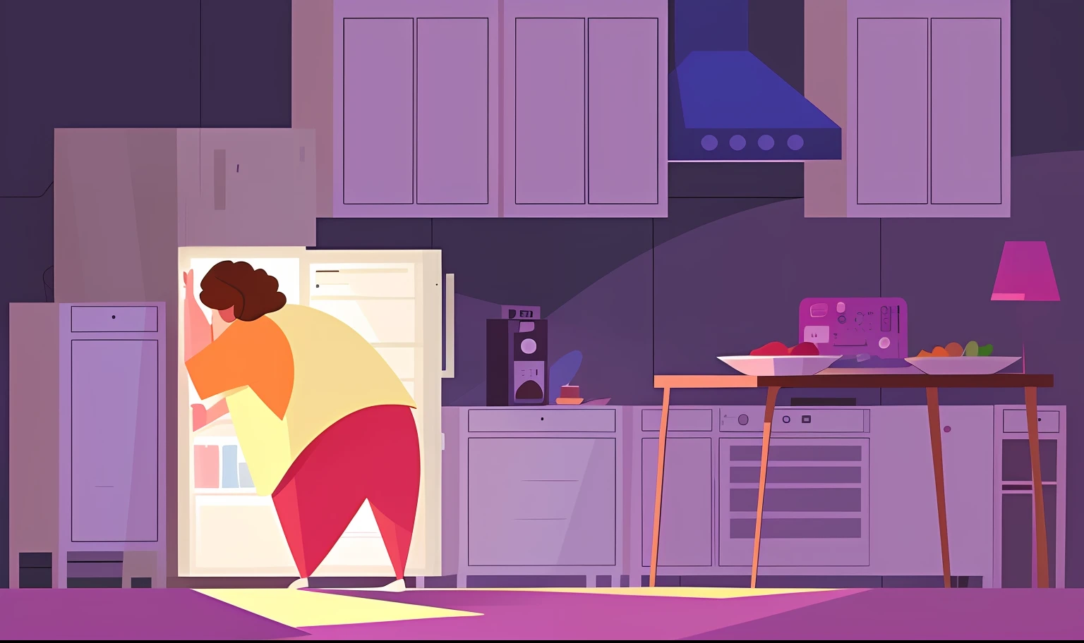 There is a woman in front of a refrigerator in the kitchen, flat illustration, animation illustrative style, illustration!, stylized digital illustration, 2d illustration, 2d illustration, funny illustration, animation still, Cartoon style illustration, animado ainda, Arte de fundo, cartoon illustration, Fotografia de Kurzgesagt, shaded flat illustration, detailed 2d illustration