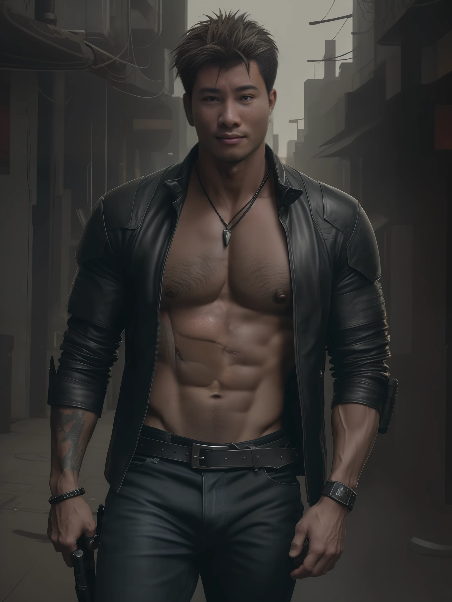 arafed man in leather jacket and jeans holding a gun, muscular male hero, sexy masculine, attractive beefy male with armor, mid-shot of a hunky, seductive cyberpunk dark fantasy, handsome male, muscular! cyberpunk, handsome man, urban fantasy romance book cover, strong masculine features, attractive male with armor, masculine and strong, portrait of a rugged warrior