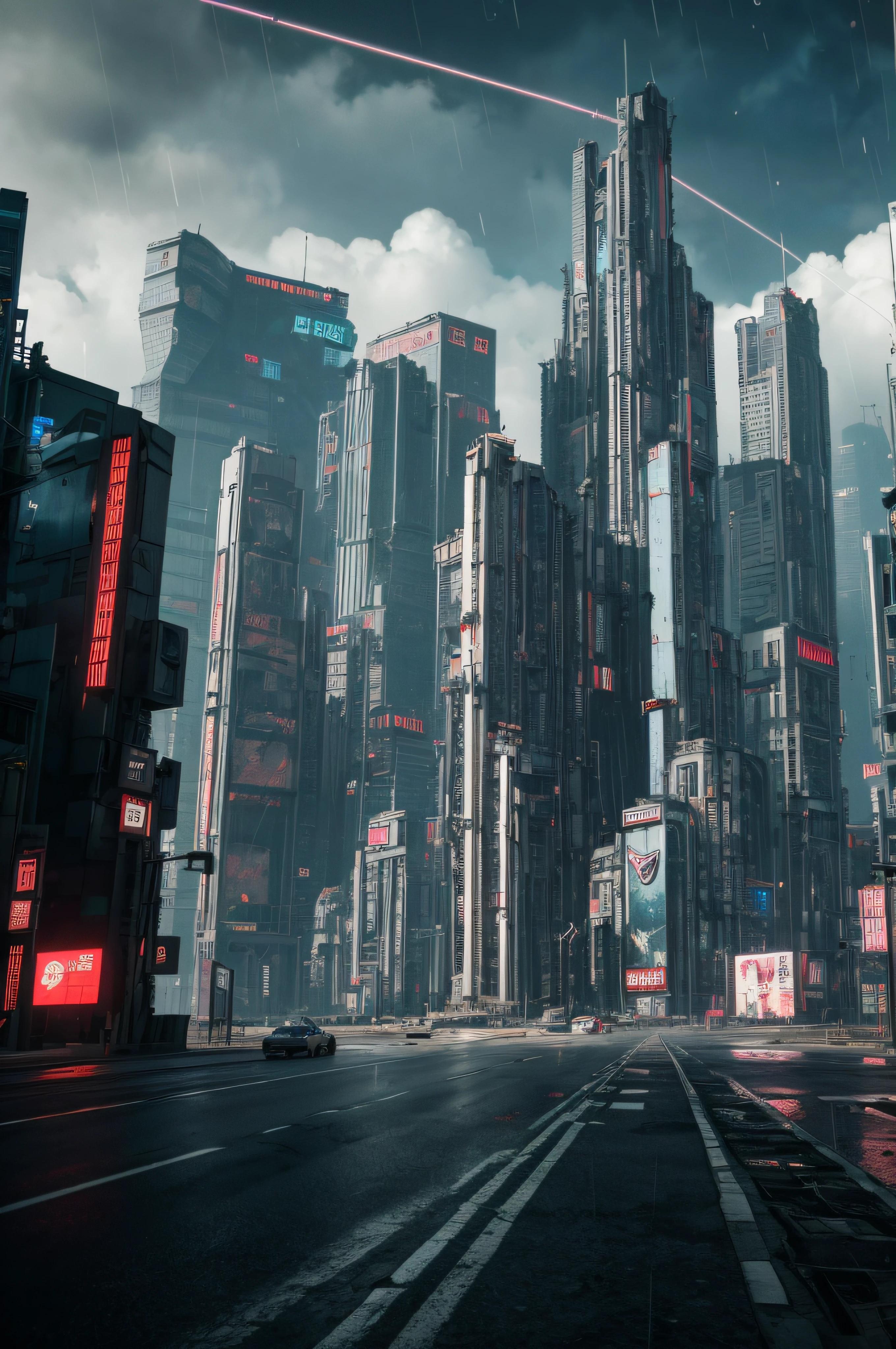 ((masterpiece, best quality)), 8k, modern architecture style, photo realistic, hyper detailed photo, clean sky, ruined city, cyberpunk,rain