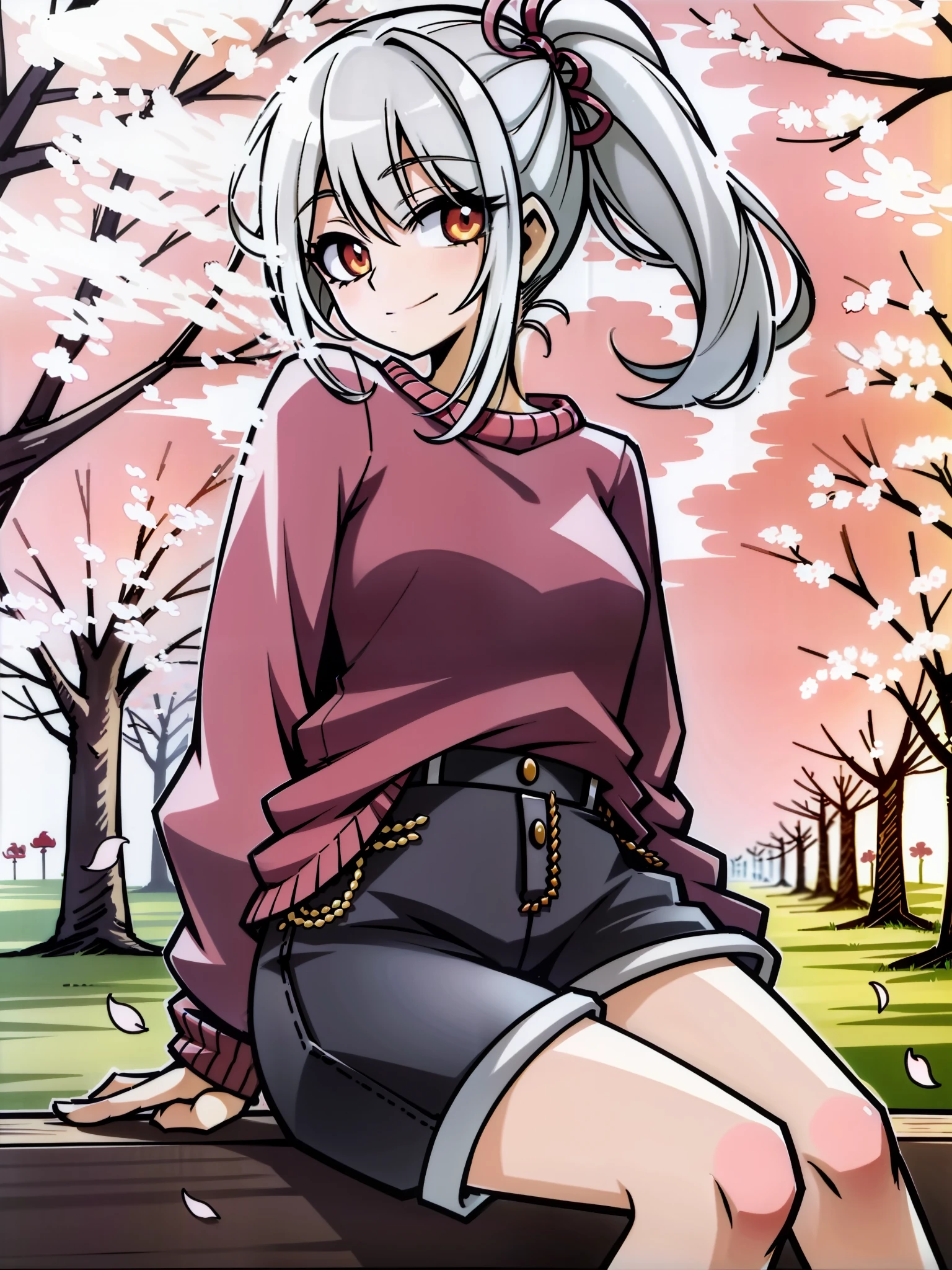 Anime girl sitting on a bench in cherry blossom tree park, sakura petals around her, style of anime4 K, Sakura Haruno, 4k manga wallpapers, High quality anime art style, Cute anime girl, Best anime 4k konachan wallpaper, nyaruko-san, Anime art wallpaper 8 K, Anime moe art style, anime visual of a cute girl，ssmile，Blue and white dress