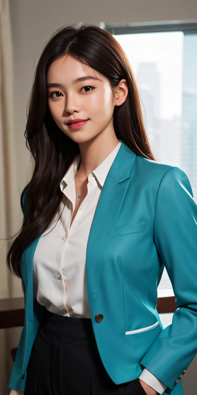 Long brown hair flowing over her shoulders, A calm smile, shirt, Tailored black trousers, 1 Girl, (Natural skin texture, hyperrealism, Soft light, edgy), turquoise wide blazer