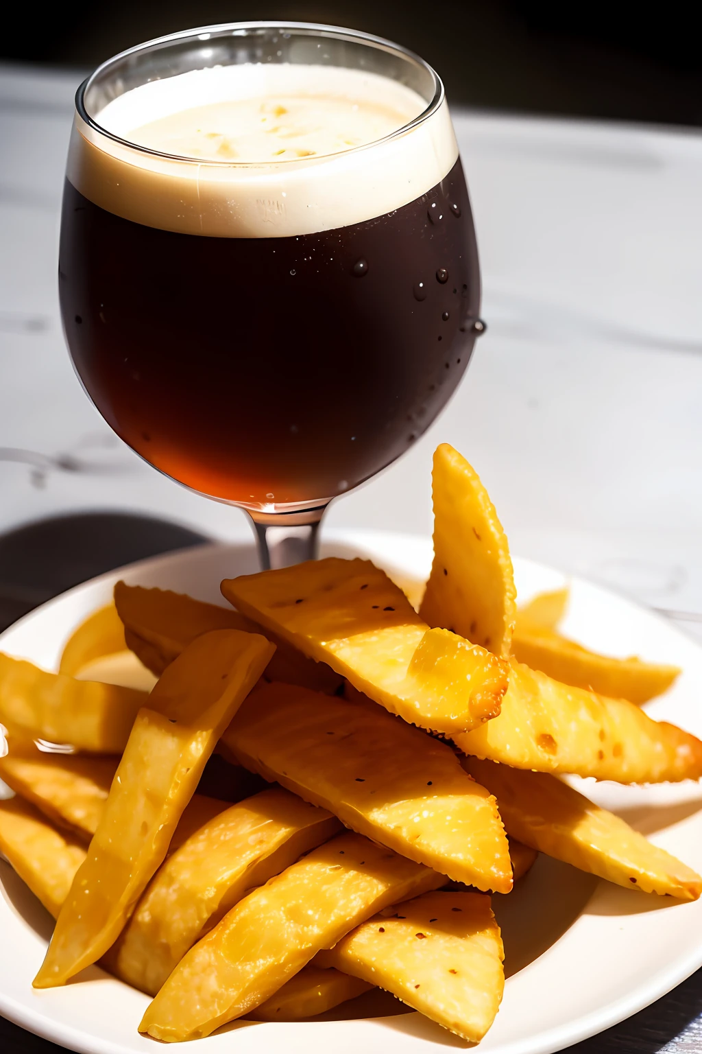 A large glass of dark, unfiltered beer and chips