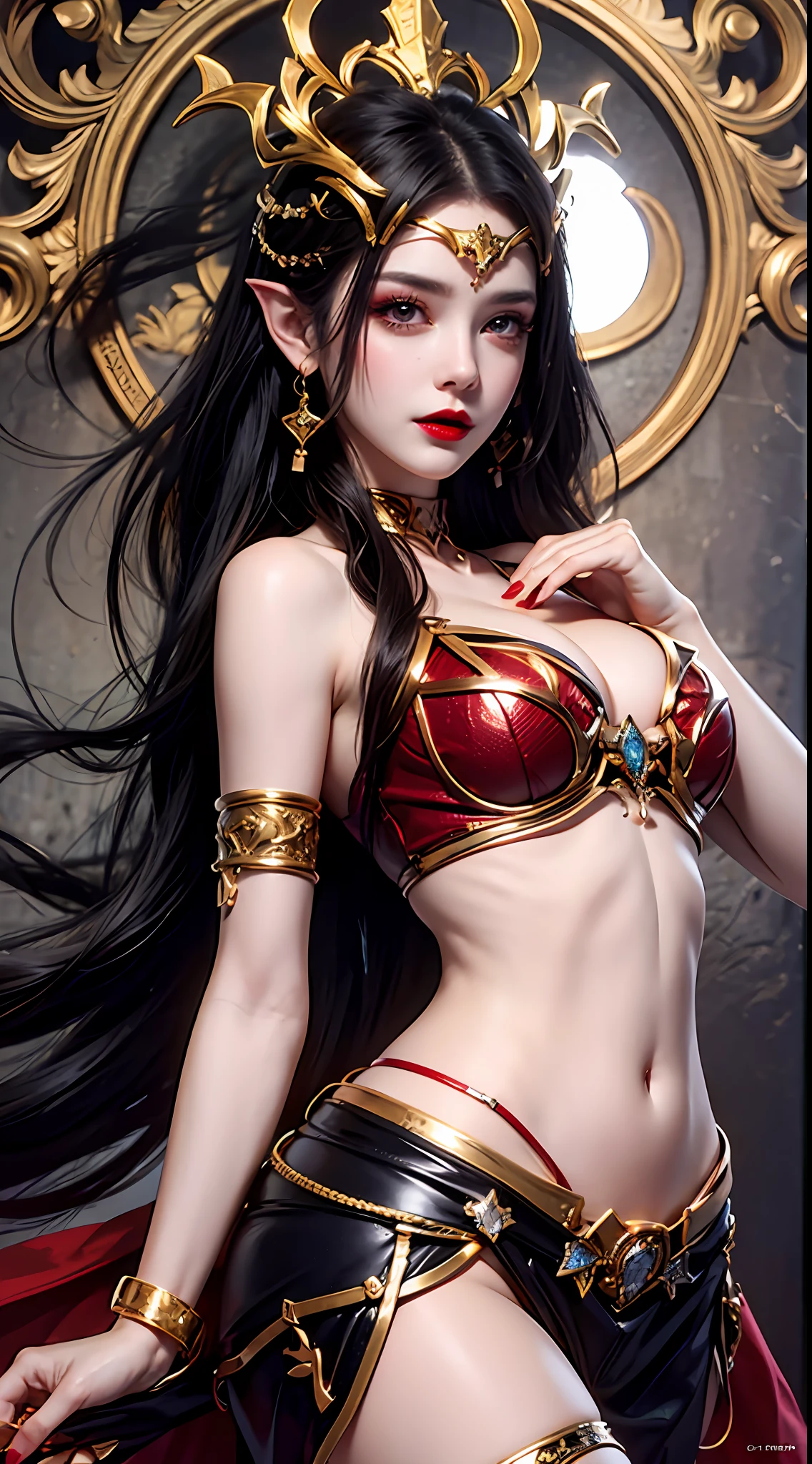 1girl, belt, black hair, breasts, cowboy shot, depth of field, earrings, jewelry, lipstick, long hair, looking at viewer, makeup, midriff, navel, pointy ears, red lips, solo, standing,detail hands,detailed face and eyes,shiny skin,uper body,materpiece,extremely detailed,