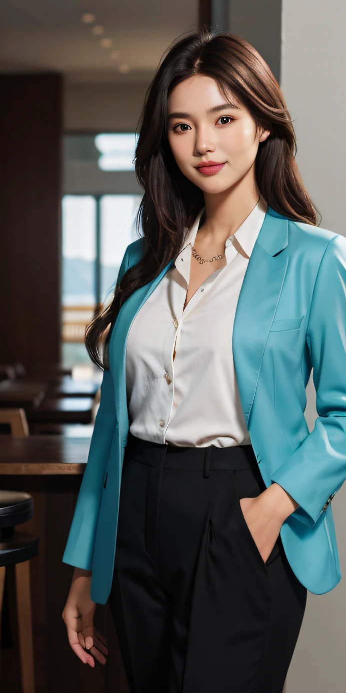 Long brown hair flowing over her shoulders, A calm smile, shirt, Tailored black trousers, 1 Girl, (Natural skin texture, hyperrealism, Soft light, edgy), turquoise wide blazer