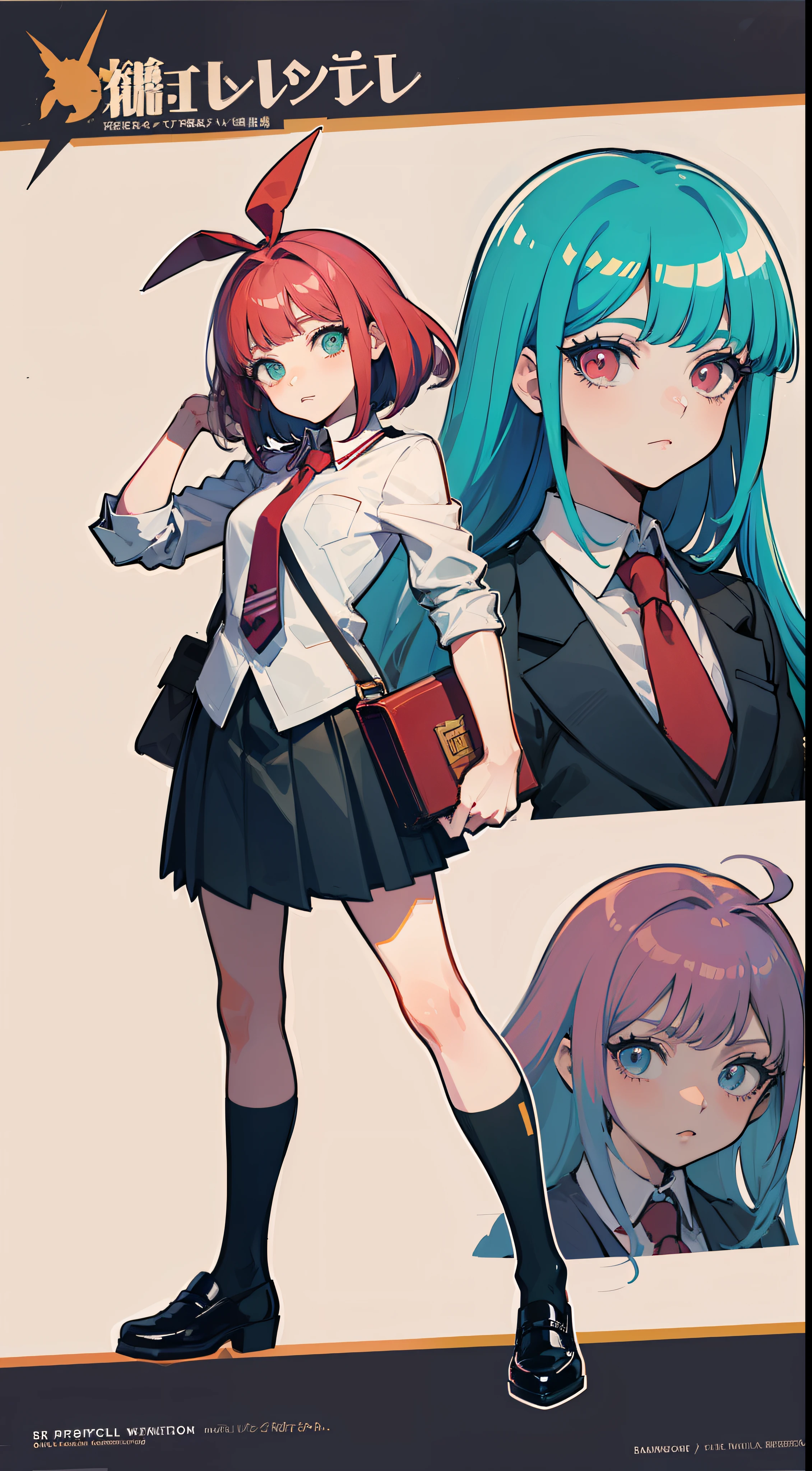 An anime character in business clothes stands in the middle of the picture, Hold the folder in your arms，Raise your fist with your right hand，concept art by Kamisaka Sekka, Pisif, Sots Art, ace attorney style, rimuru and milim, puce and vermillion, offcial art, vermillion and cyan, digital art from danganronpa, Medium shots of the character, clean backdrop，Black shoes，official character art