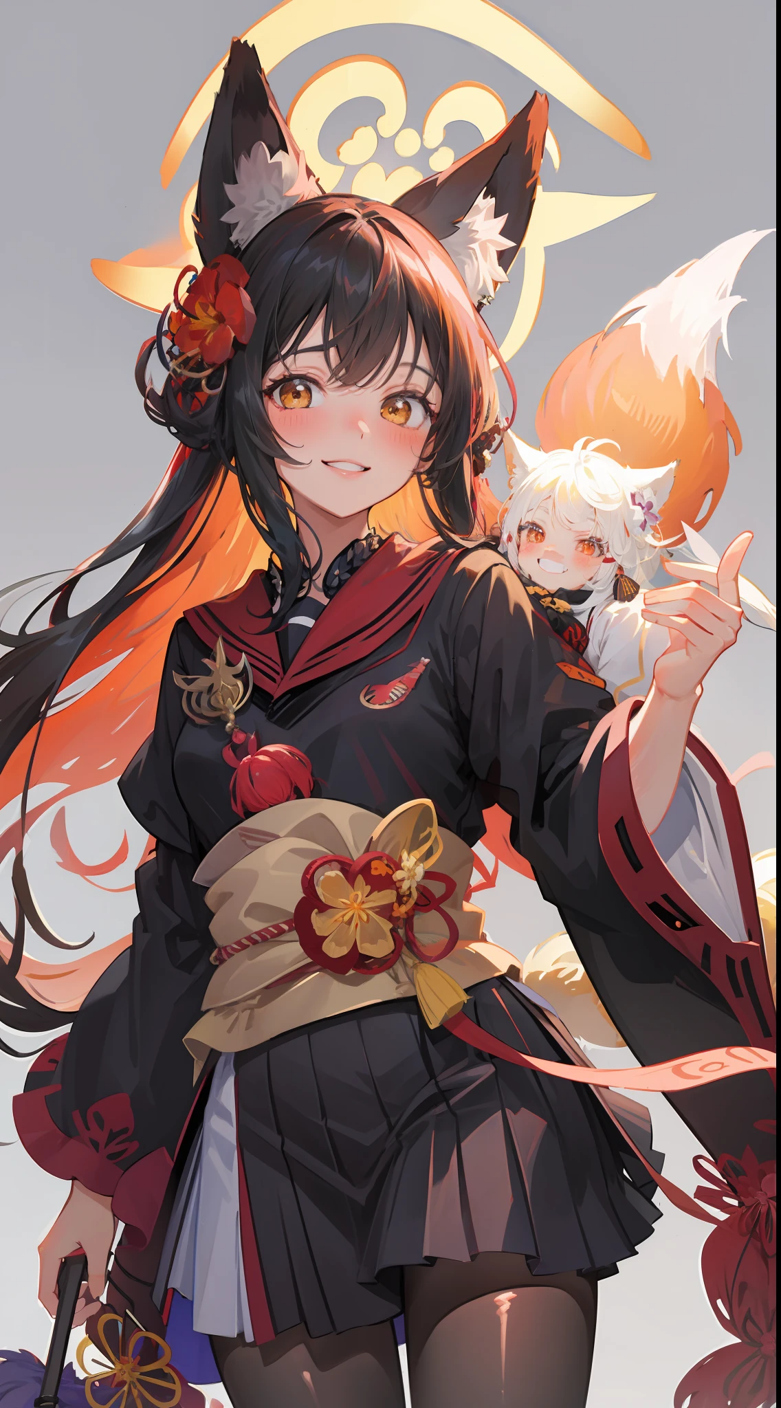 Masterpiece,A high resolution,Breasts, Fox tail, 1girll,Animal_hor ears,Smile, Looking_at_peeping at the viewer, Blush, Hair_flower, arma,Black hair, Japanese clothes, Simple background,, Masterpiece, Best quality,