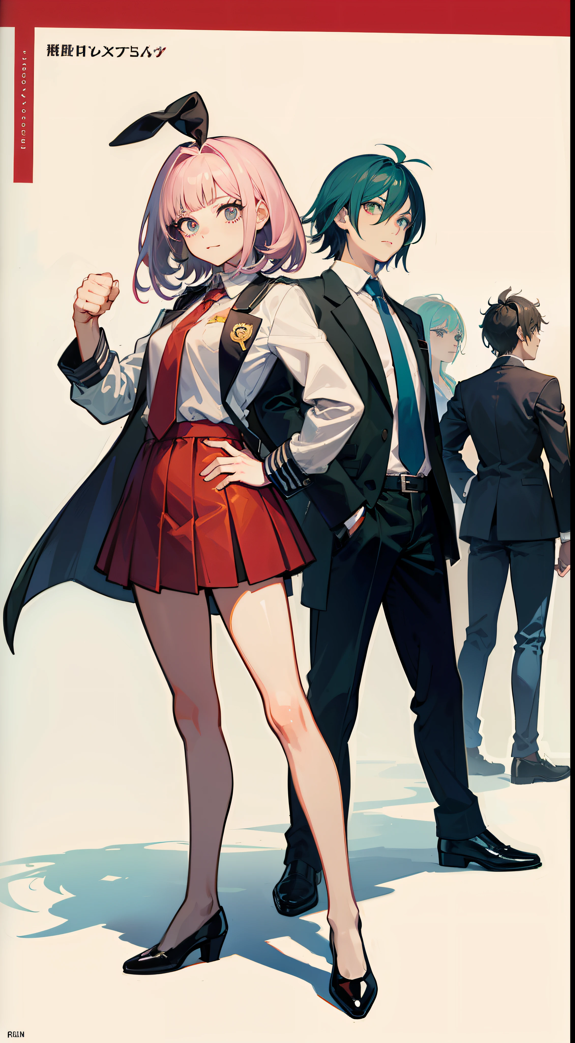 An anime character in business clothes stands in the middle of the picture, Hold the folder in your arms，Raise your fist with your right hand，concept art by Kamisaka Sekka, Pisif, Sots Art, ace attorney style, rimuru and milim, puce and vermillion, offcial art, vermillion and cyan, digital art from danganronpa, Medium shots of the character, clean backdrop，Black shoes，official character art