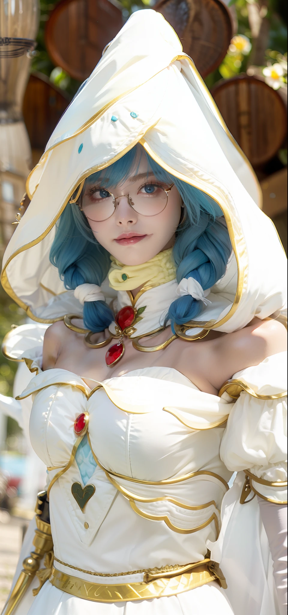 1girl, Fantasy, Beautiful jungle backround, Blue eyes, Beauty face, Blue sky hair color, Braid hair style, Use O spectacles, White Outfit, Realistic, Ultra detail, Same outfit detail, same pose detai, 70mm lens