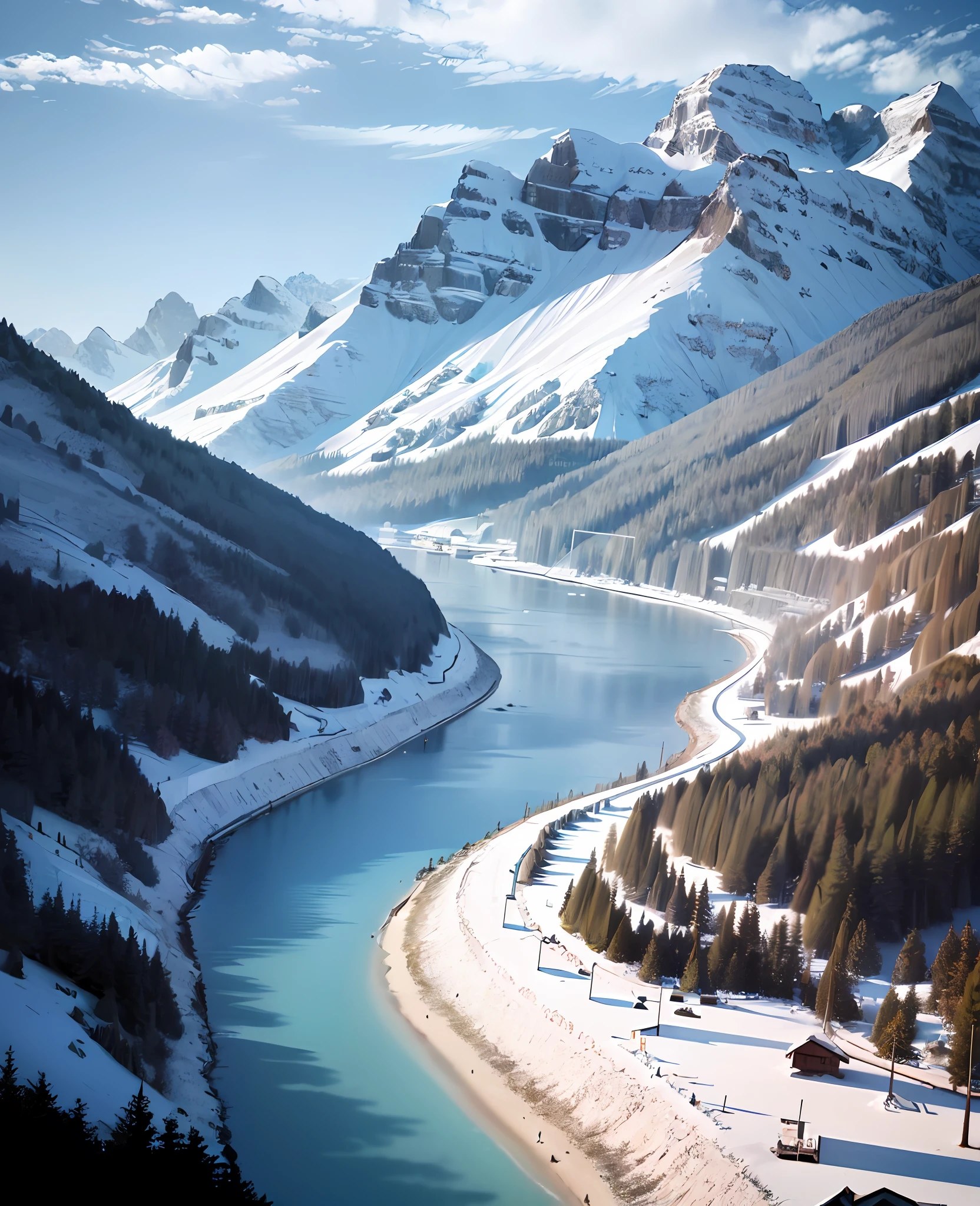 Alpine snow-capped mountains under blue sky,The mountain plain below the snowy mountains has several small Danish-style houses,There are herders herding sheep in the mountain plains,In the distance of the mountain plain there is a dense forest of coniferous pine
