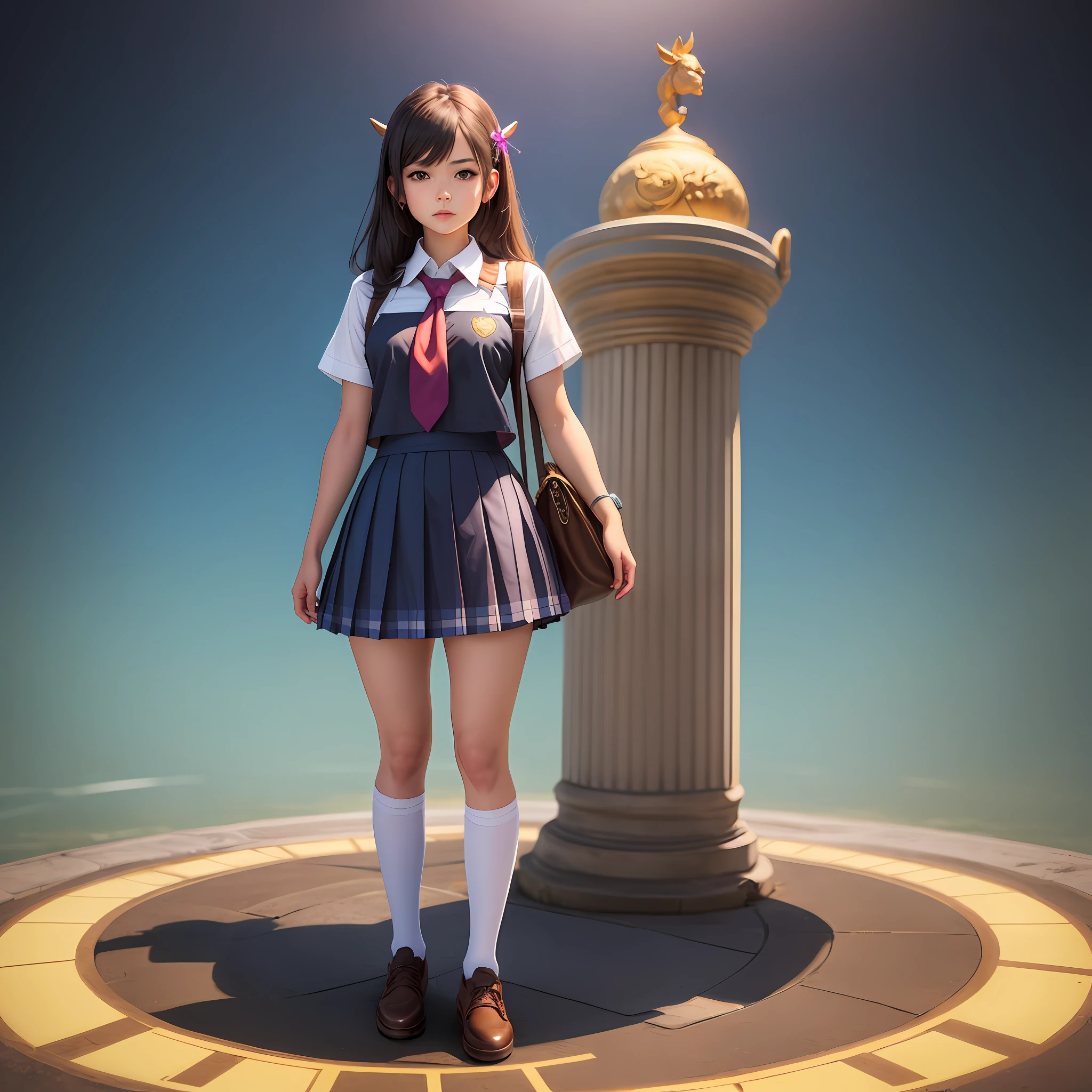 1 girl, "Create an ultra-detailed Taurus zodiac schoolgirl character, highlighting all the characteristics associated with Taurus. Standing in the center, full body, with a background that complements the theme."