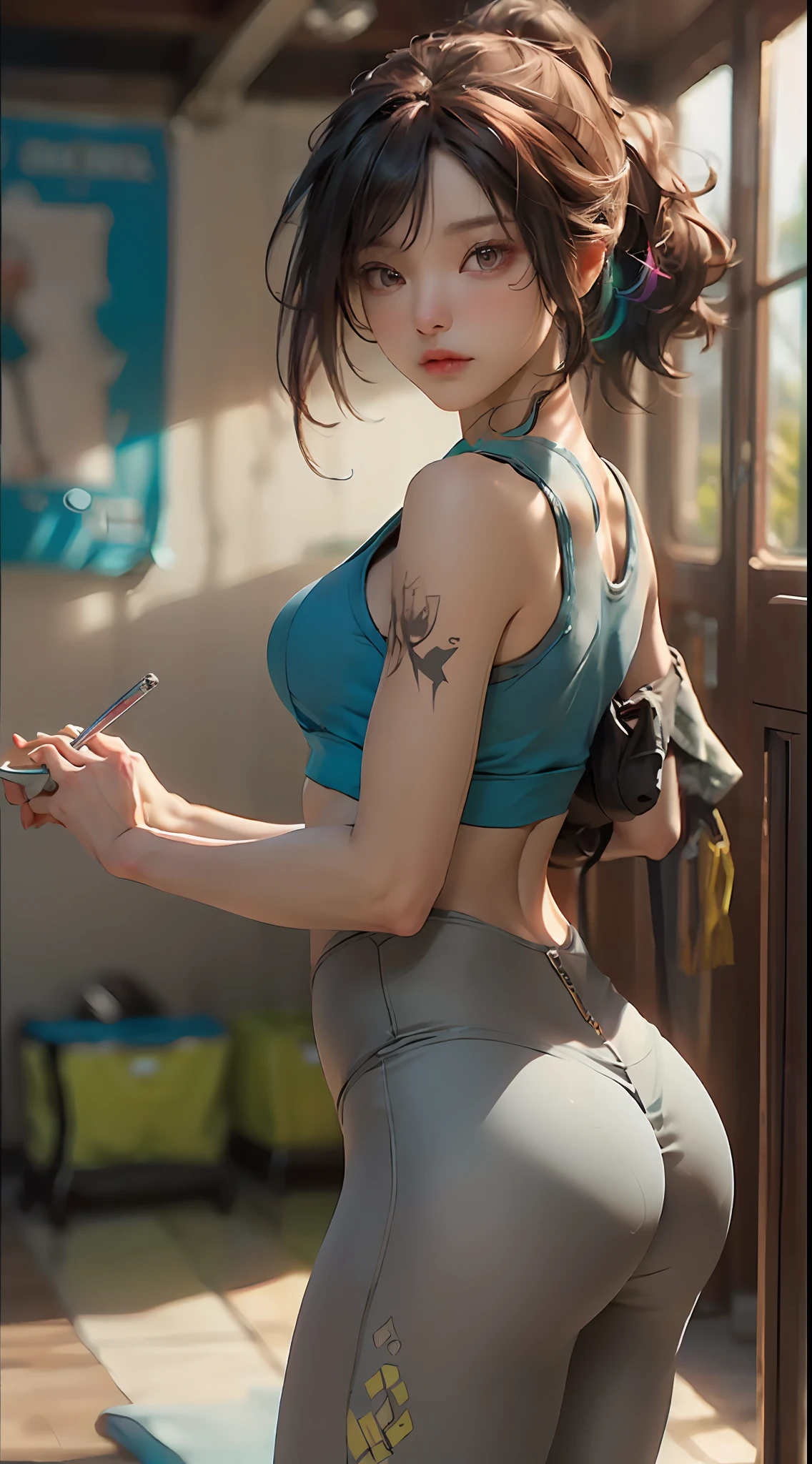 ((best qualtiy)), ((tmasterpiece)), (the detail:1.4), 3D, ,hdr（HighDynamicRange）,Ray traching,NVIDIA RTX,Hyper-Resolution,Unreal 5,Subsurface scattering、PBR Texture、post-proces、Anisotropy Filtering、depth of fields、maximum definition and sharpness、Many-Layer Textures、Albedo e mapas Speculares、Surface coloring、Accurate simulation of light-material interactions、perfectly proportions、rendering by octane、Two-colored light、largeaperture、Low ISO、White balance、the rule of thirds、8K raw data、Sport Tank Top，Yoga pants for