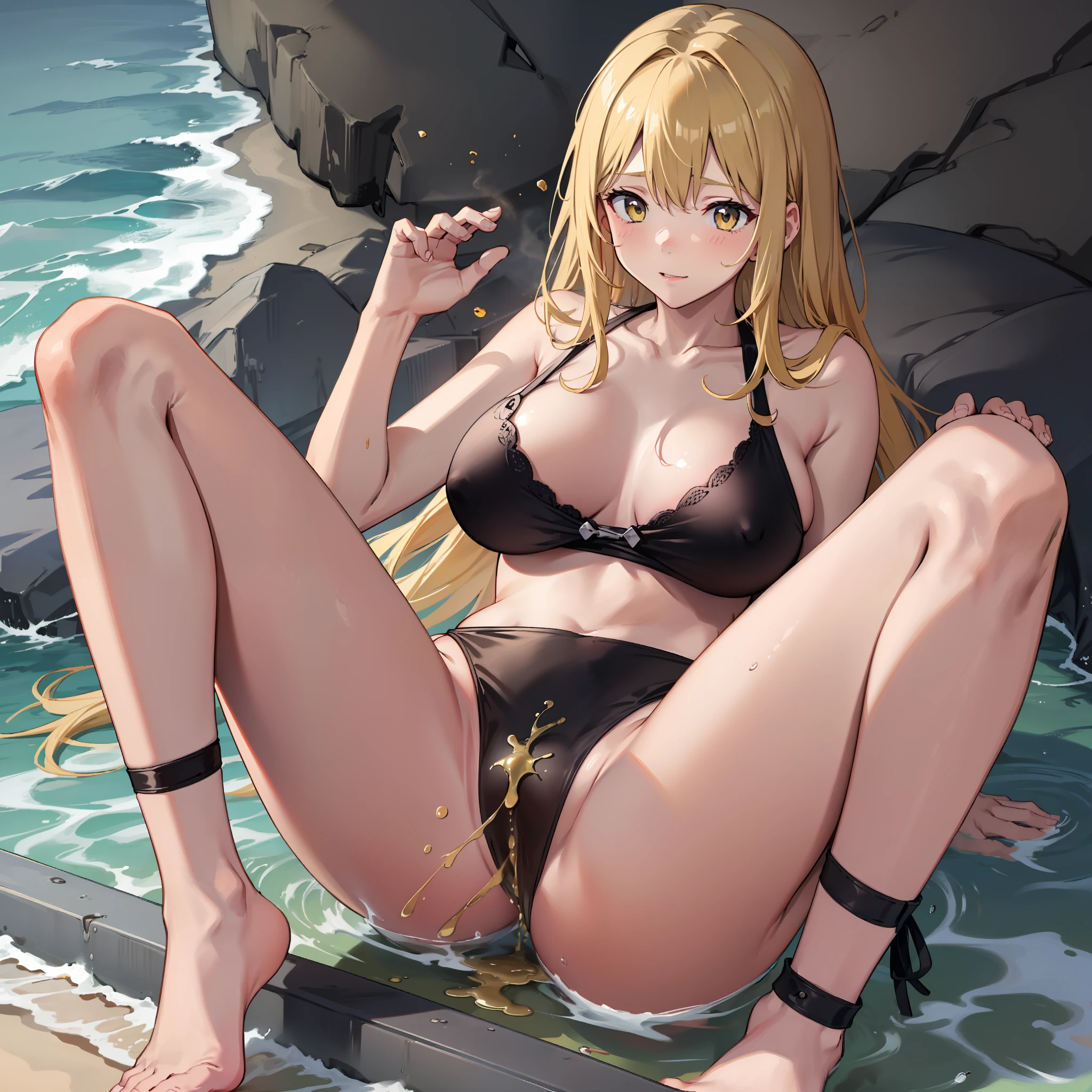 female high-school student,Yellow hair ,Transparent swimsuit,huge tit,Bare chest,sitted,black lence stockings,Barefoot,hyper HD,Highest high resolution,The best stunner,pissing,sea beach