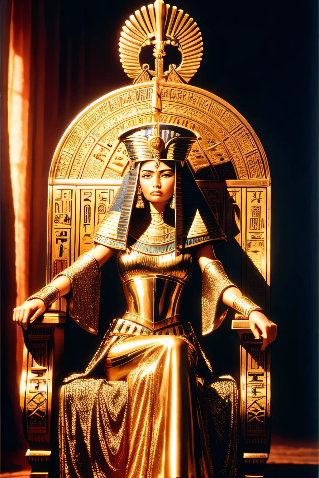 AshleyCipher Old EgyptAI 1 Woman，queen of Egypt，seated on a throne，Resplendent (35mmstyle:1.1)，frontage，tmasterpiece，1970s films，电影灯光，realisticlying，high frequency details，35mm film，（filmgrain），Film noise，