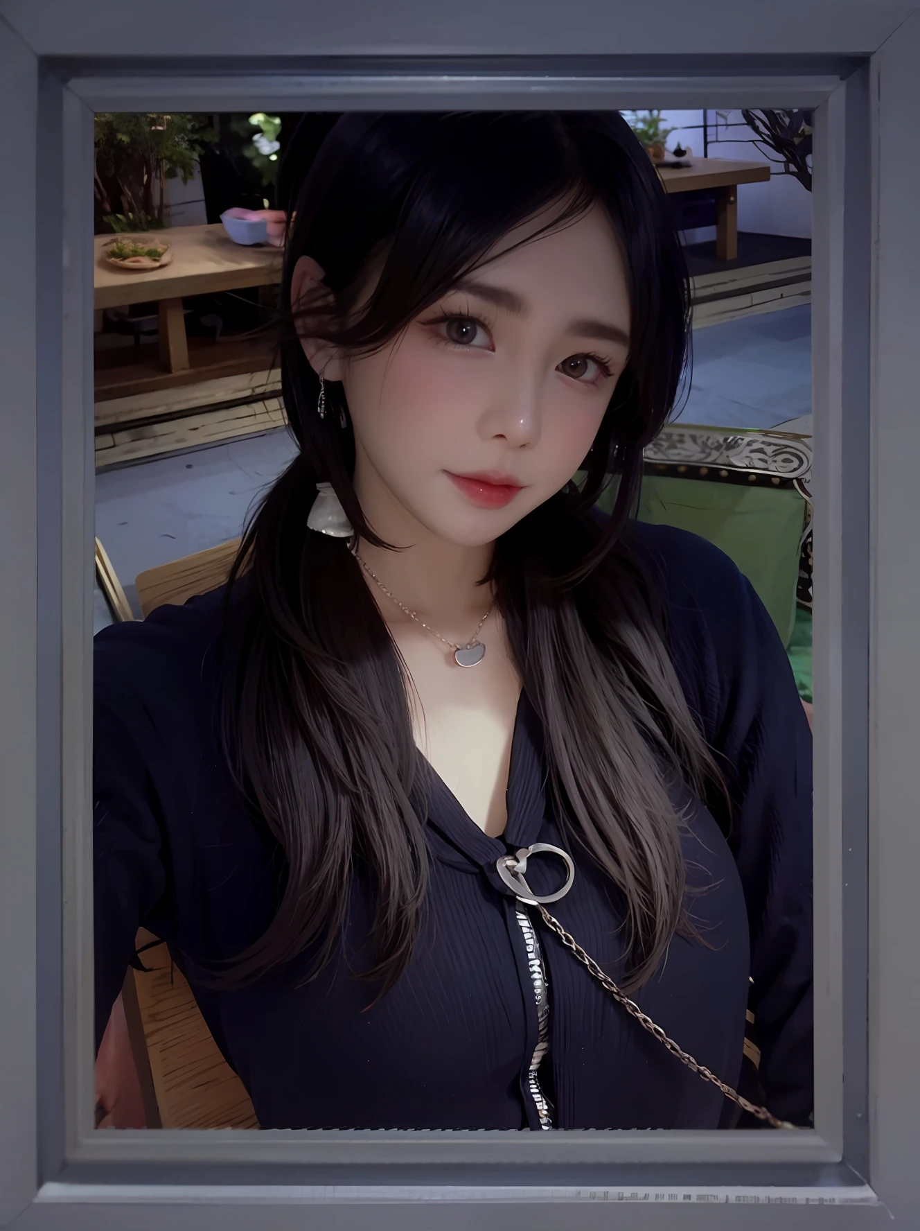 Woman wearing a necklace，cabelos preto e longos，High nose，二重まぶた，The figure of the character，with long dark hair，Black clothes，Necklace shoulder bag