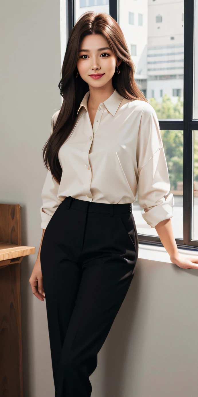 Long brown hair flowing over her shoulders, A calm smile, shirt, Tailored black trousers, 1 Girl, (Natural skin texture, hyperrealism, Soft light, edgy)