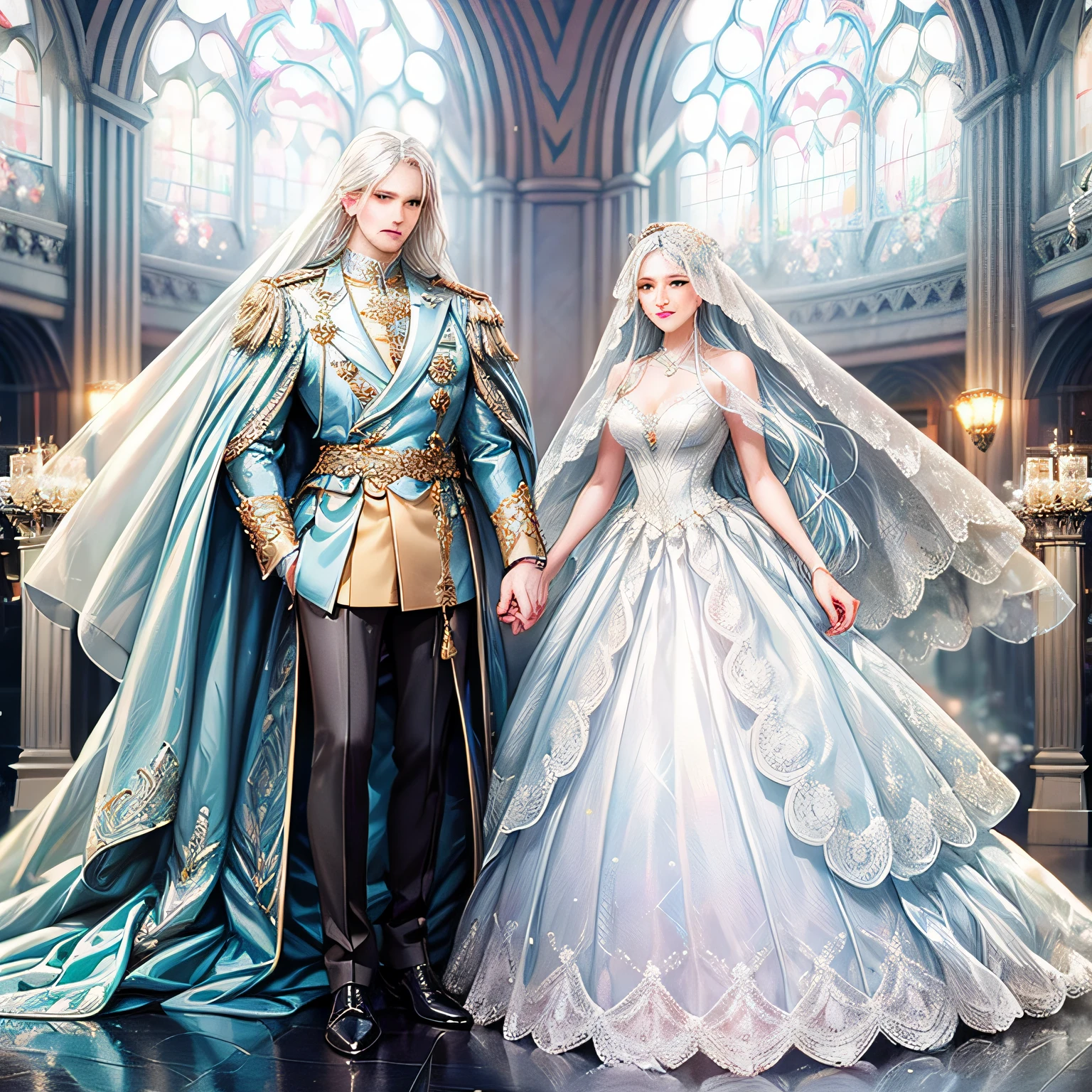 tmasterpiece, Best quality, Very Cute Girl, Super detailed face, Jewel-like eyes, long white hair,blue gradient hair,(one-girl) full body, perfect two arms, perfect two legs,Light,Shine(Blue dream wedding dress) --auto