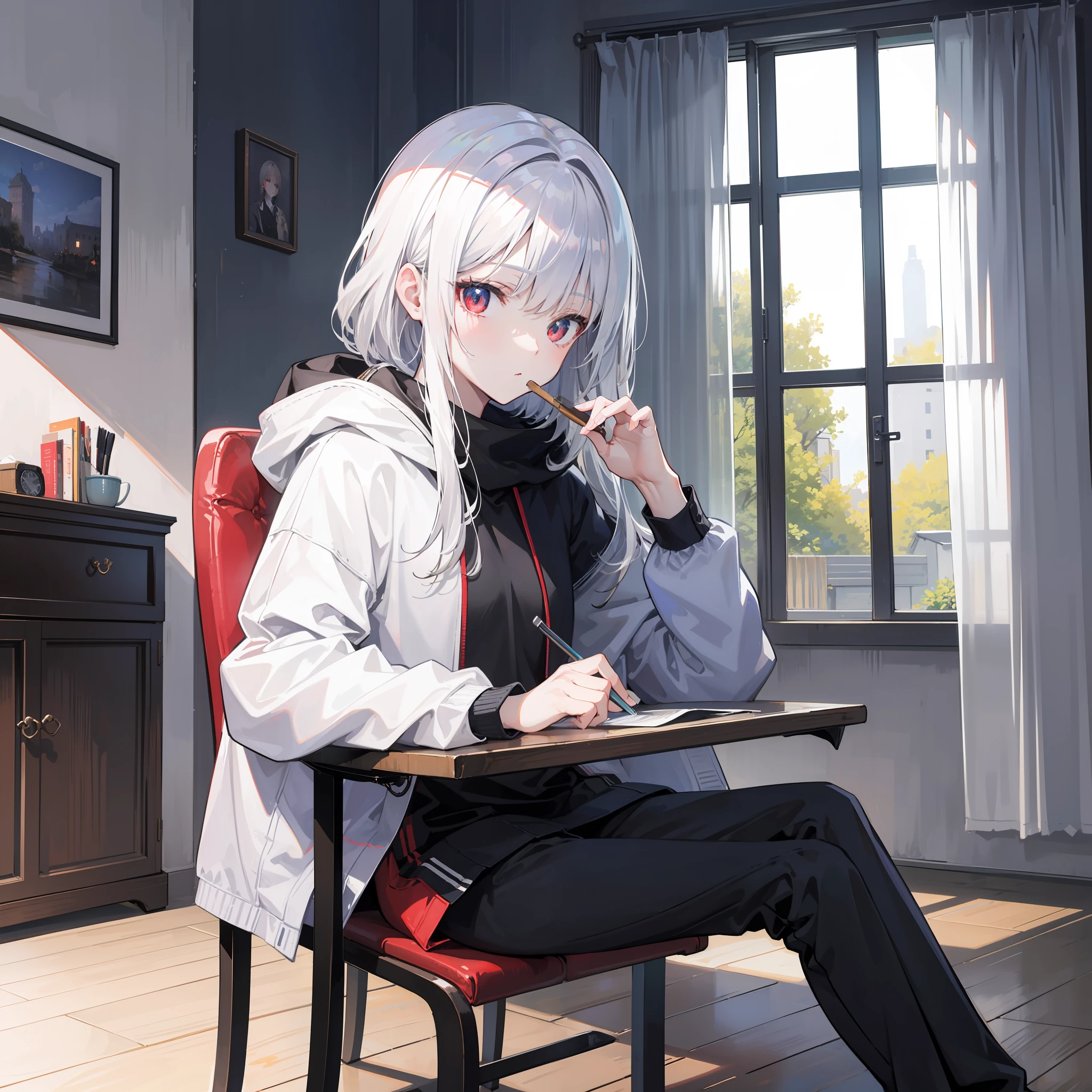 （8K, Super detail, hyper HD, A high resolution, Best quality，style of anime，High details，White skin of the），Kizi，flatchest，silber hair，red pupils，（pensive），black cloaths，hooding，shorter pants，sit on chair，Hold your face with one hand，Wooden table，Hold the brush with one hand，inside in room，floor to ceiling window，（Only single-player scenes，Normal limbs）