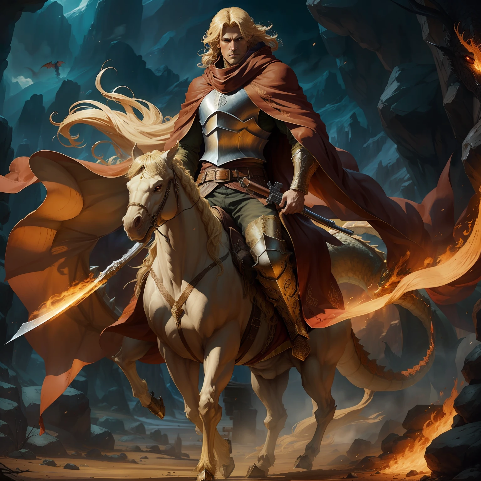 blond hairbl、Tall、Western-style armor、big dragon、Riding a gun、Long hair shawl、Cloak、with fair skin、Need --auto