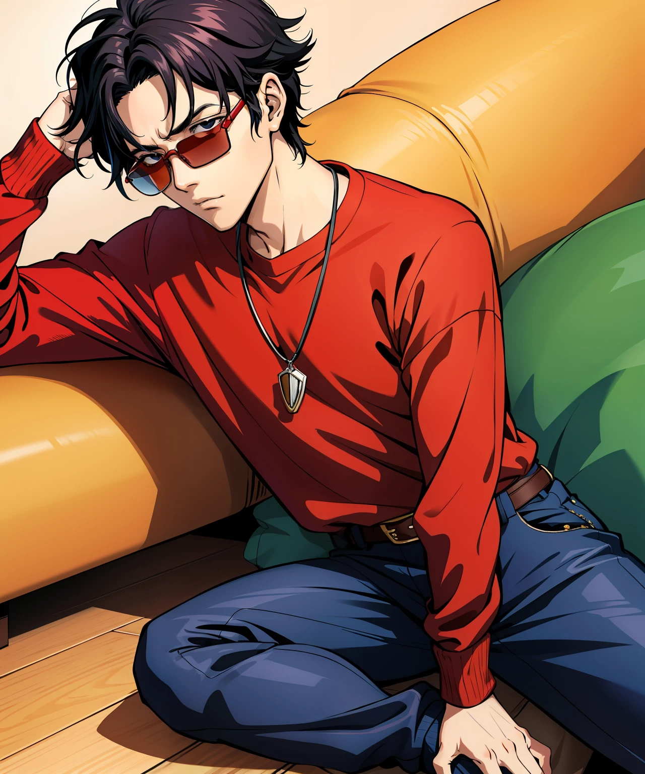 A closeup of a person in a red shirt and sunglasses, Makoto Kano, Kazuma Kaneko, cara de anime alto com olhos azuis, Kentaro Miura estilo de arte, Estilo Kentaro Miura, kentaro miura manga art style, !! Takeshi Amano!!, Estilo de Kentaro Miura!!!!, ((vestindo manto aristocrata))