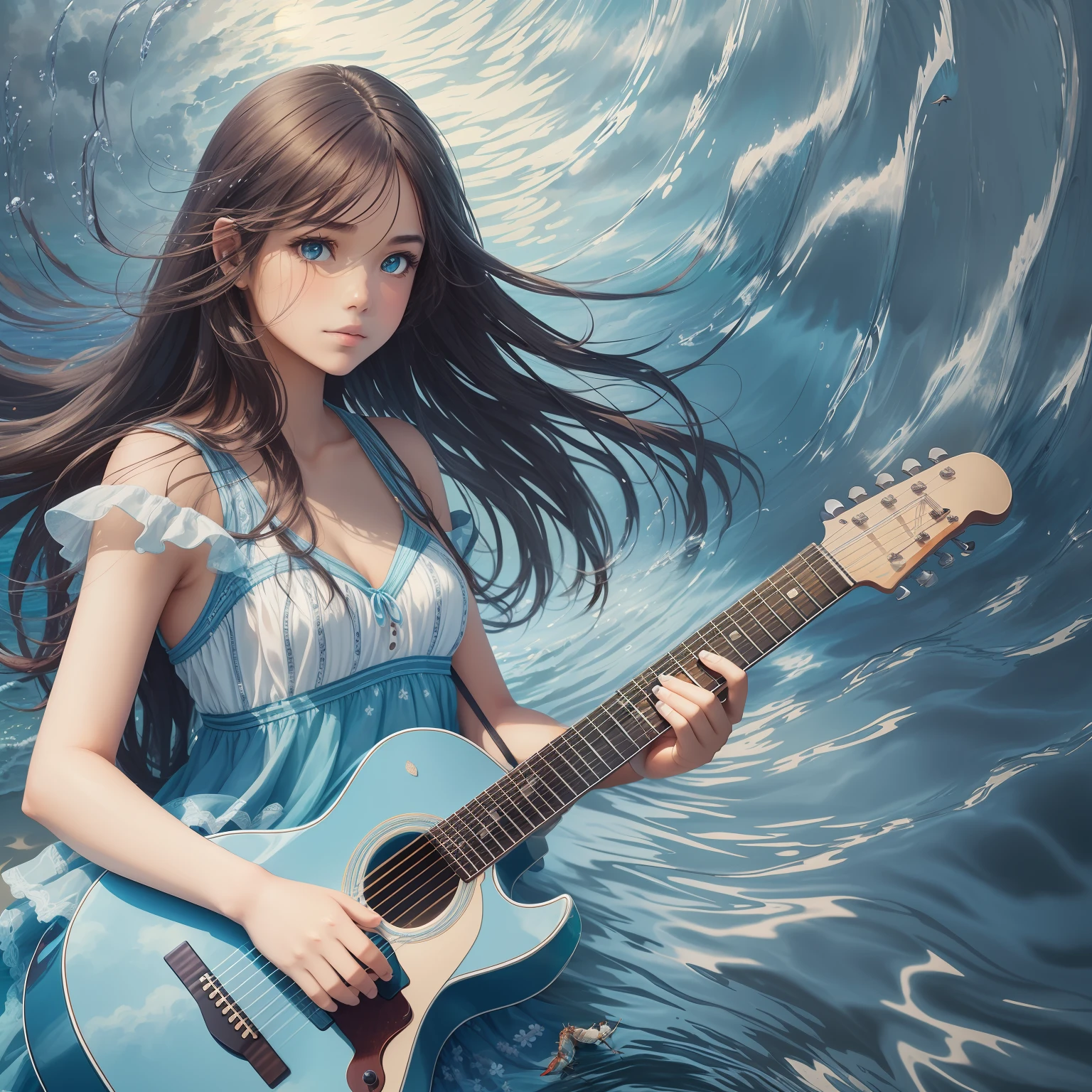 A girl, morena, Playing the guitar, Sitting on the sand pose, Beach, The sea , sun, Seagulls, hiquality, HD, dark-skin, clouds, classical guitar, Crabs, Cyan eyes, At the feet of a bouquet of lilacs, --auto
