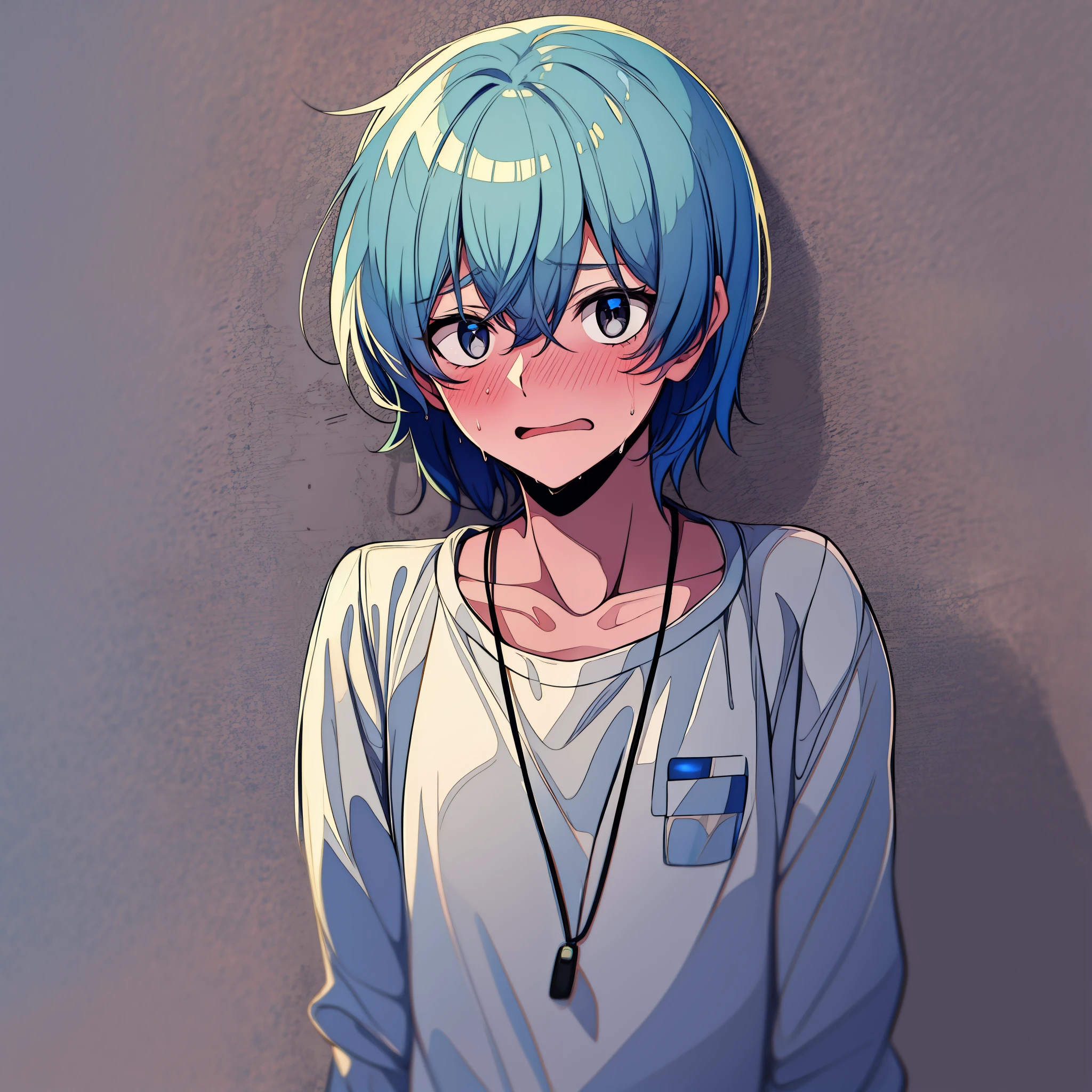 Nervous genderfluid ager with light blue hair, grey eyes, shy, nervous, sweating,