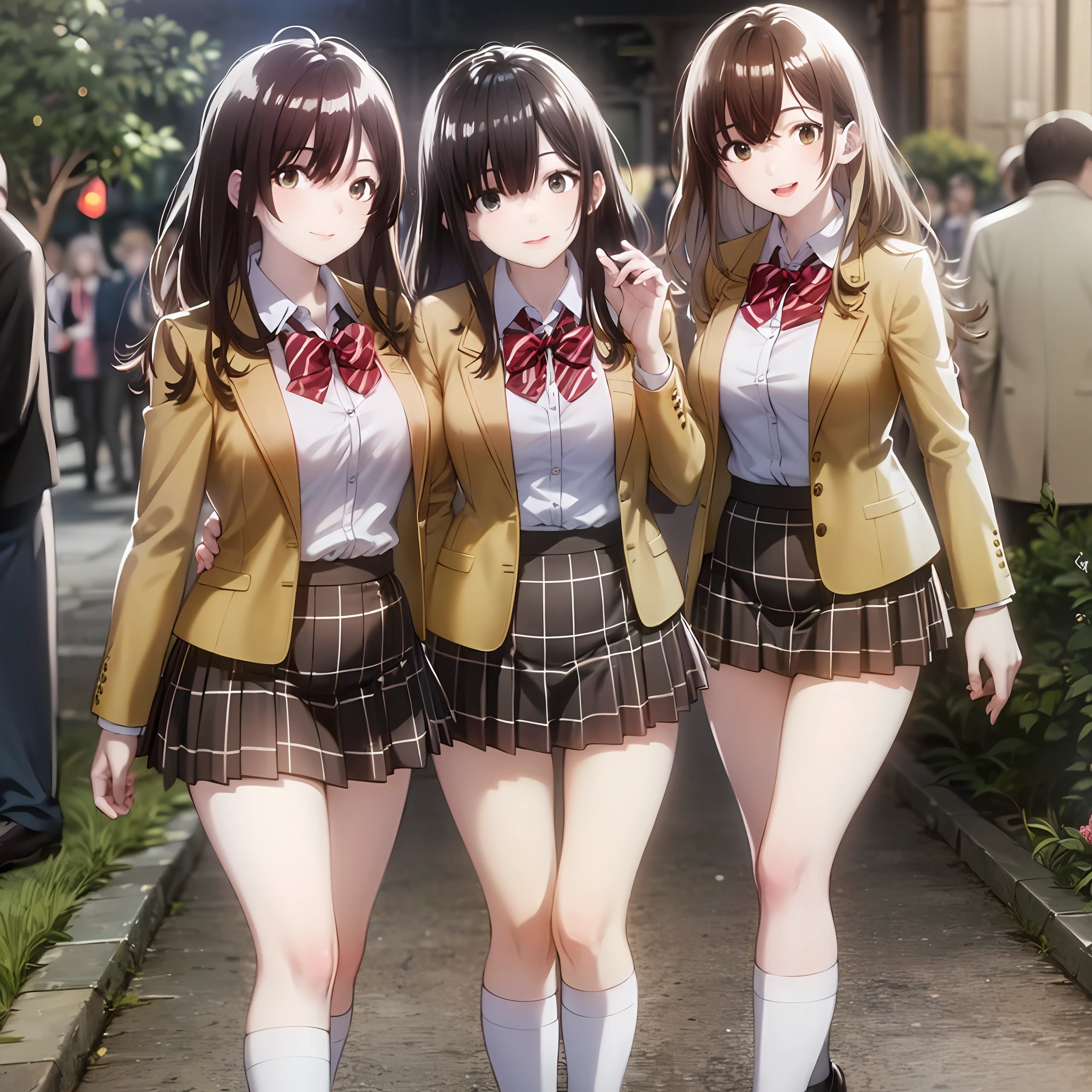 ((Masterpiece, highres)), ((thousands of, millions of, crowd of)), sisters, group, (brown haired girls, blonde girls)), long hair, curly hair, matching hairstyles, different hair color, confident, elegant, rich girls, proud smiles, (((matching outfits, identical outfits, yellow school uniforms, sexy school uniforms, yellow blazer, yellow short skirt, white thighhighs, long white socks, black loafers)))