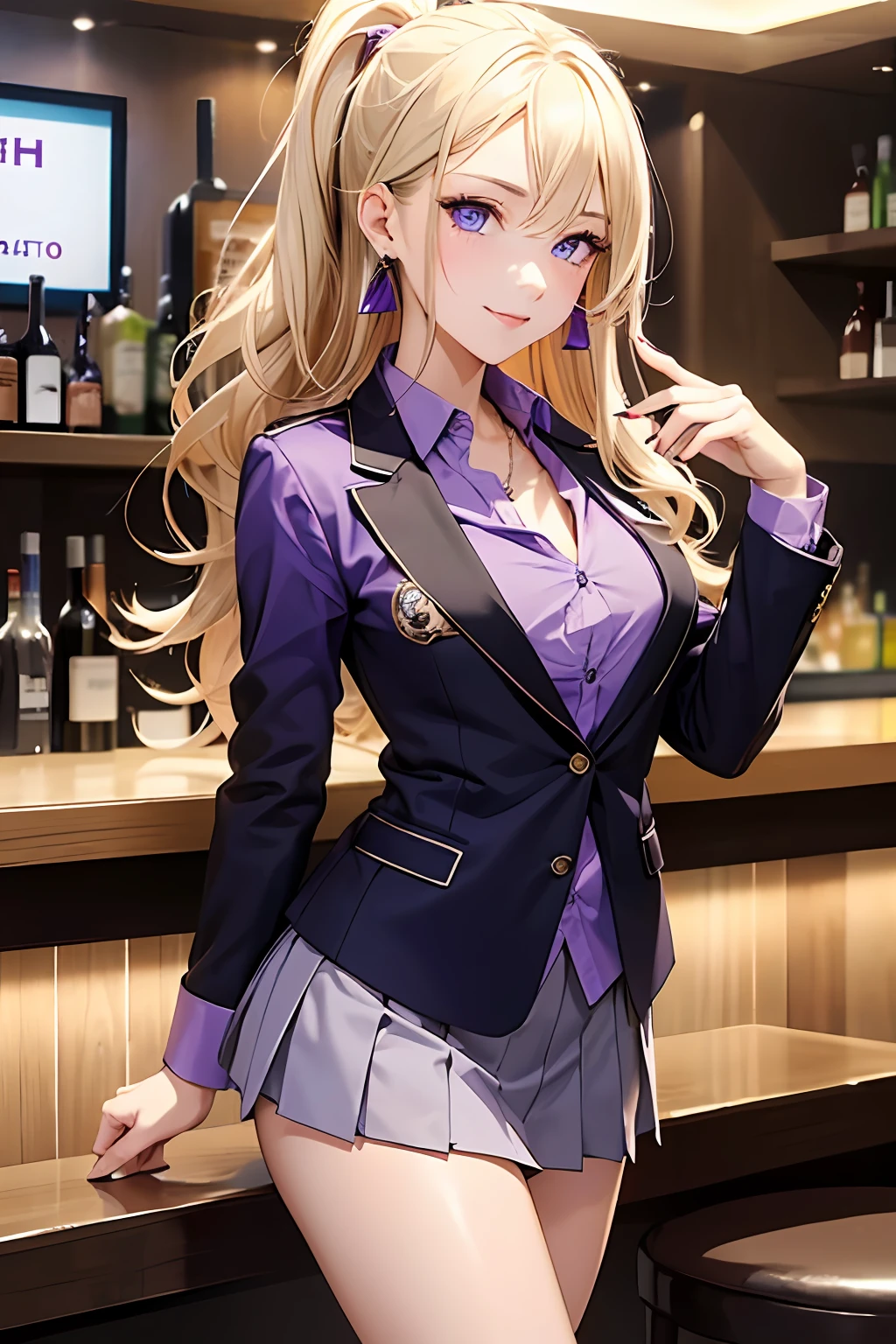 (masutepiece: 1.3), (max resolution: 1.2), (Ultra HDTV: 1.2), cinema lite, Ultra HDTV, (Detailed eyes and skin), (detailed facial features), 8K resolution, Sharp Focus: 1.2, Perfect Style, Beautiful Face, accurate, Anatomically correct, Highly detailed face and skin texture, Detailed eyes, Dark-blue eyes, Double eyelids, Thin eyebrows, (dropped eyes:0.65), (Glitter Eyeliner:1.2), Natural cheeks, Glossy skin, (Fair skin:1.2), shiny necklace and earrings, (Glossy lips: 1.4), BREAK, absurderes, One-person viewpoint, (she is female bar hostess), (While Wearing a Button up Purple shirt:1.3), BREAK, (wear a blazer of white:1.3), BREAK, (pleated super mini skirt of Red:1.2), (high heels), BREAK, (shy smile:1.2), ((20 years old, classy and neat girl:1.3)), (high-ponytail hairstyle, Wavy Hair), (Blond hair:1.2), Medium Long Hair, (Cowboy shot: 1.2), Focus on Face, medium large breasts, ((Offer your business card with both hands:1.4)), (( inside the bar counter)), ((In the erotic Bar at night:1.4)),