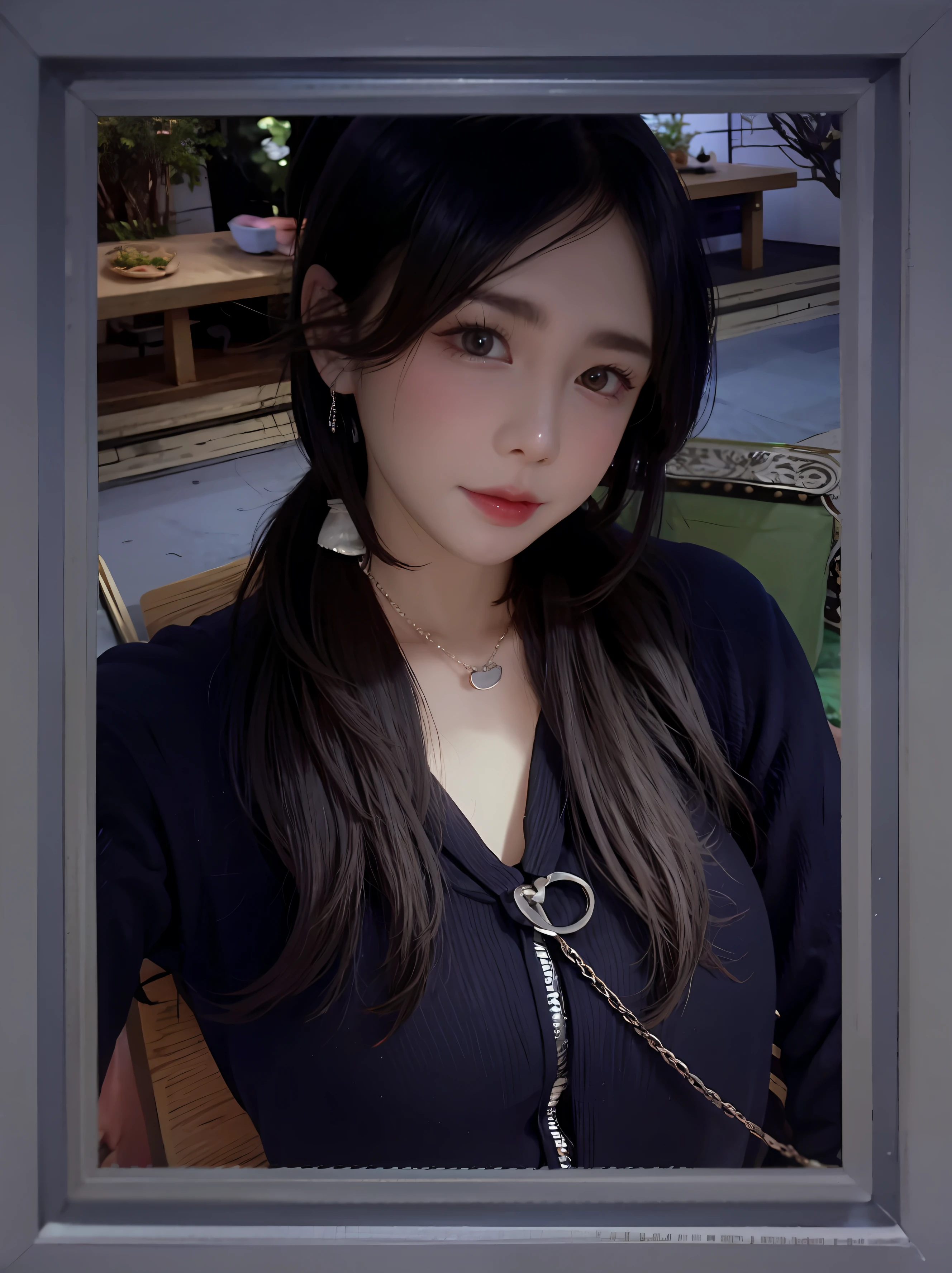 Woman wearing a necklace,cabelos preto e longos,High nose,二重まぶた,The figure of the character,with long dark hair,Black clothes,Necklace shoulder bag