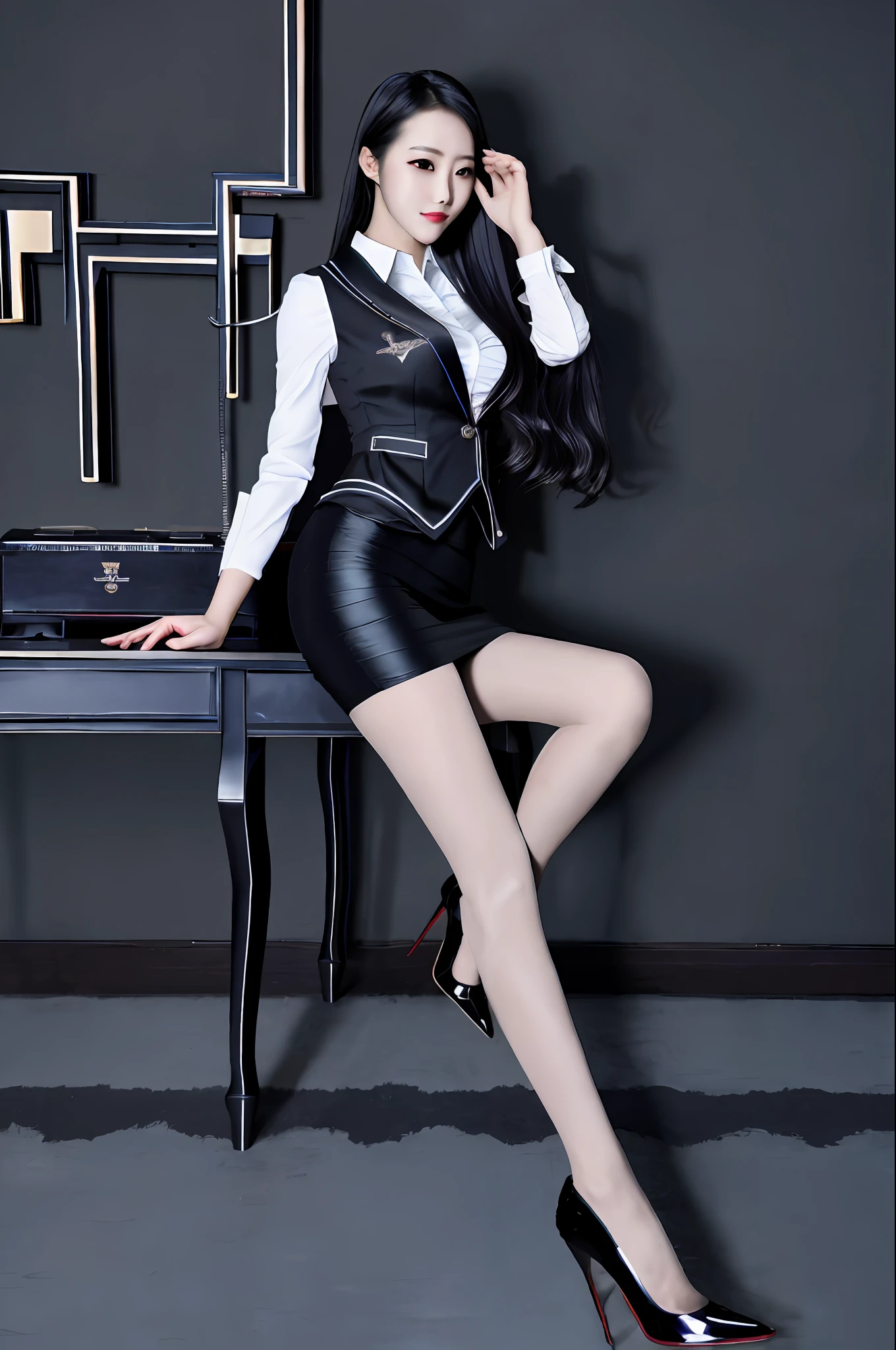 Best quality at best,tmasterpiece,超高分辨率,A pair of GGX heels,1girl,In black suit,pencil skirts,black pantyhoses,blackfootwear,4k