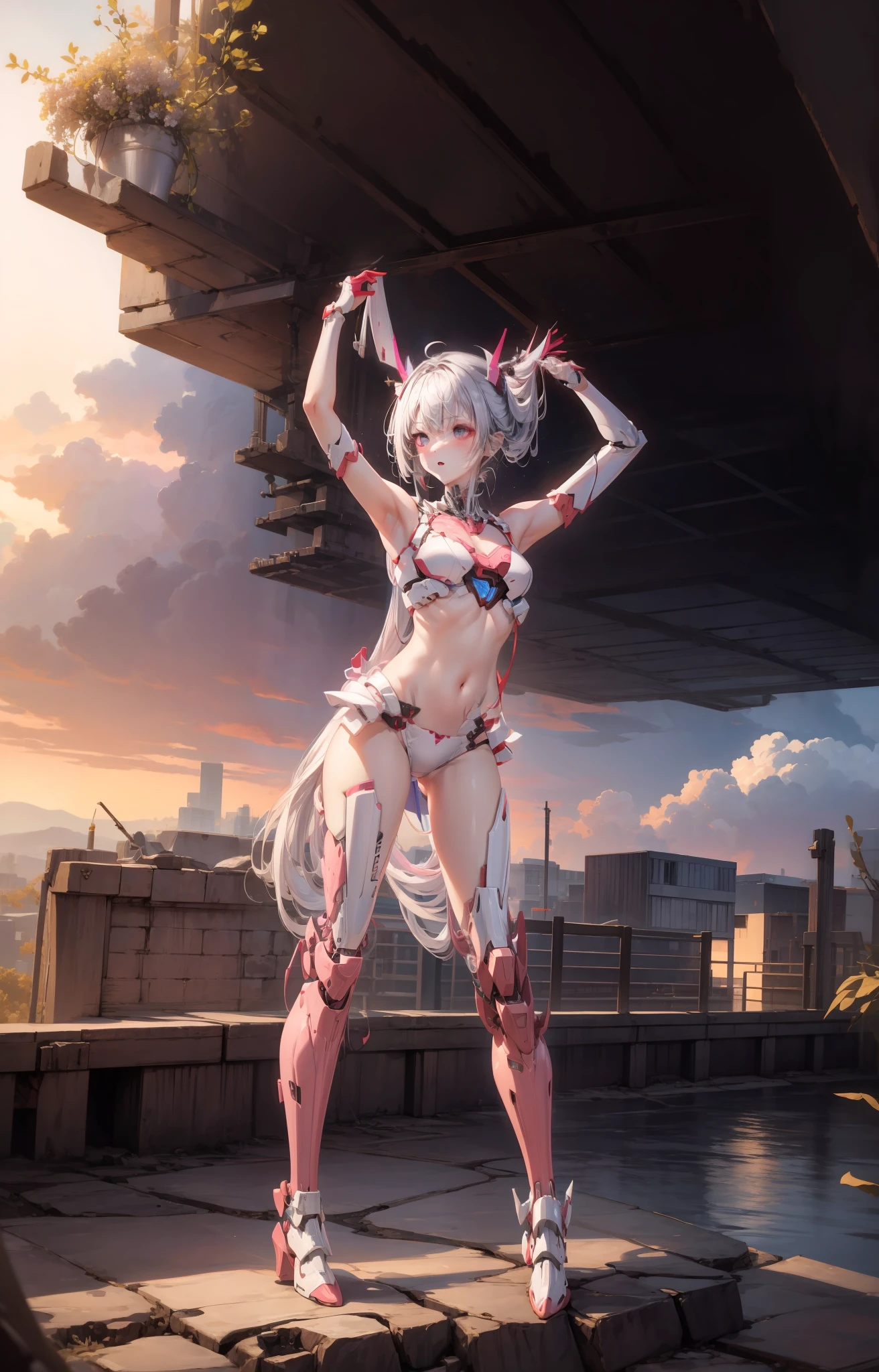 dopamine，Colorful sexy outfits，Tight armor，Open navel，Bigchest，Thin body，Mecha panties，Slender legs，White，dual horsetail，Pink makeup，largeeyes，Blushlush，Sexy figure