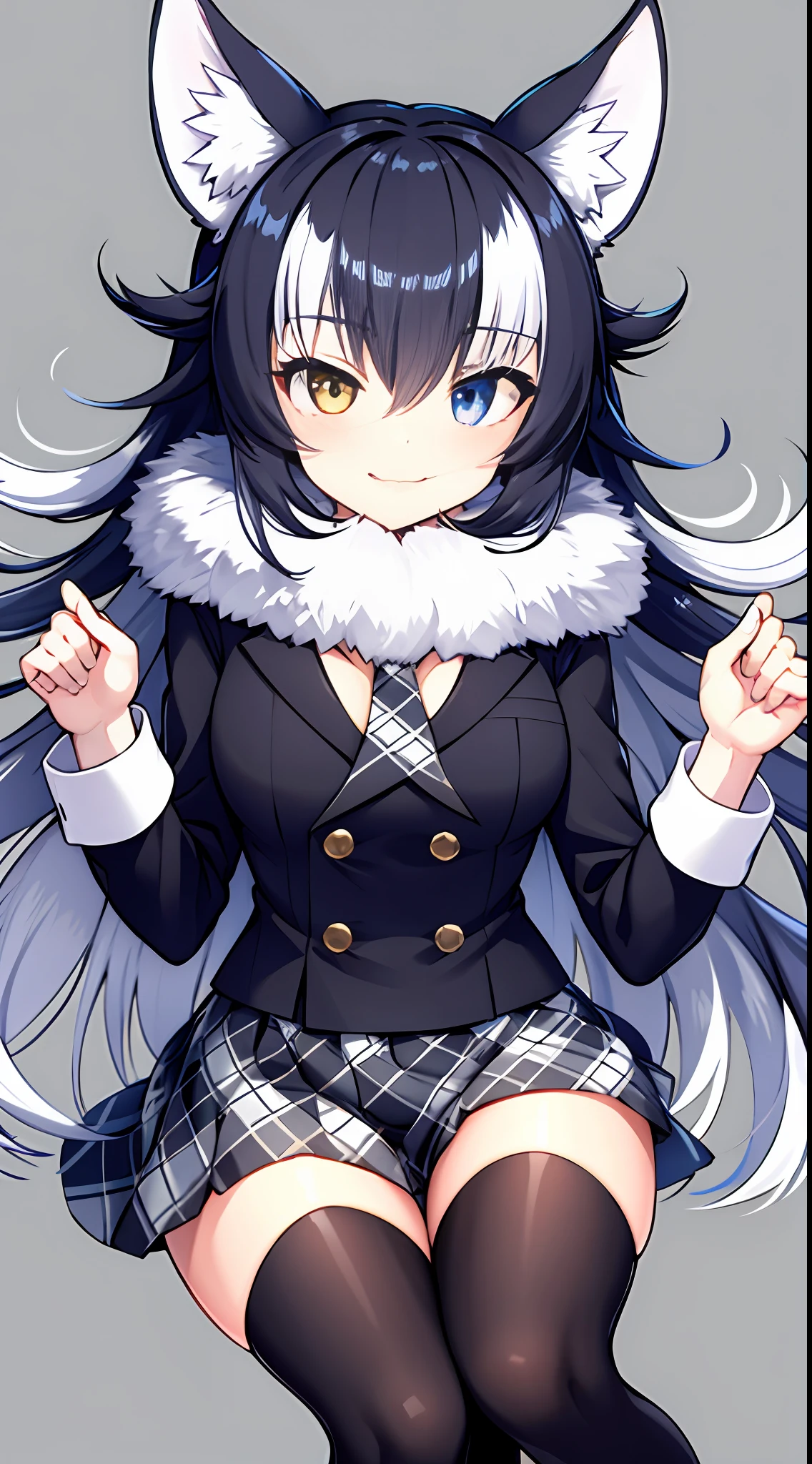 (Masterpiece, Best quality, high resolution, distinct image), 电影灯光, 1girll, gray wolf \(kemono friends\), Heterochromia, Wolf ears, blue eye on left eye, Long hair, multicolored hair, Black hair, Wolf tail, yellow eye on right eye, view the viewer, (Long jacket:1.2), Beige coat,