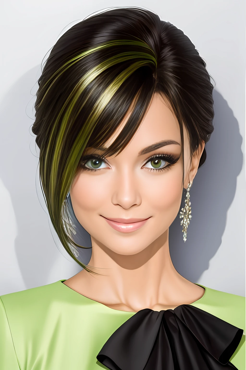 Qualidade Superior,Mulher 1, adulto, bonita, americano Olho medios verdes , detalhes intrincados, naturais, cabelos lisos , Front position wearing formal clothing