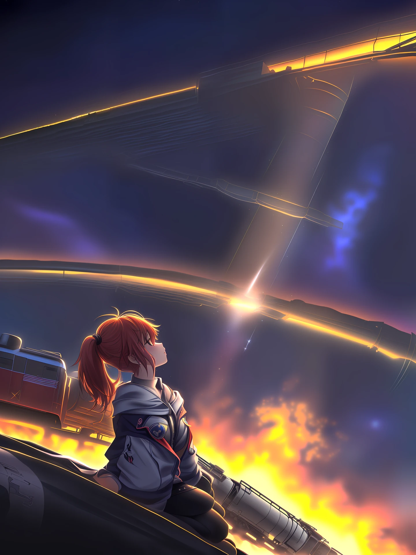 cyber punk perssonage，Kizi，tmasterpiece，mirai，locomotive，realisticlying，A high resolution，Look up，space，stars