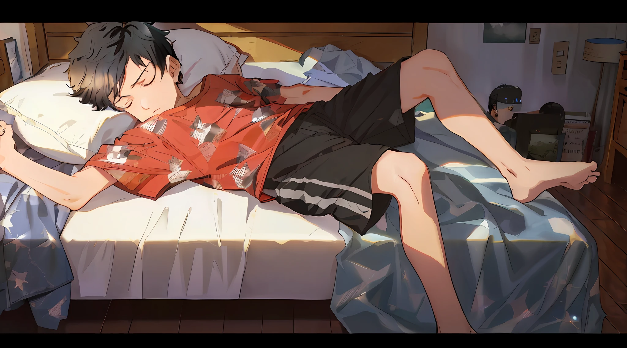 (bare-legged:1.5), Short hair, (Black hair:1.5), crewcut, Boy falling asleep from bed, Scratch stomach,T-shirt, Trunks Shorts,