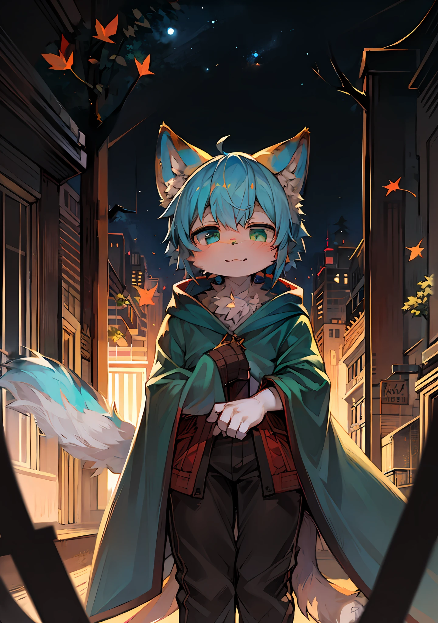 Detailed background，Under the big tree，falling leaf，eBlue eyes，Hand movements，Large, fluffy tail