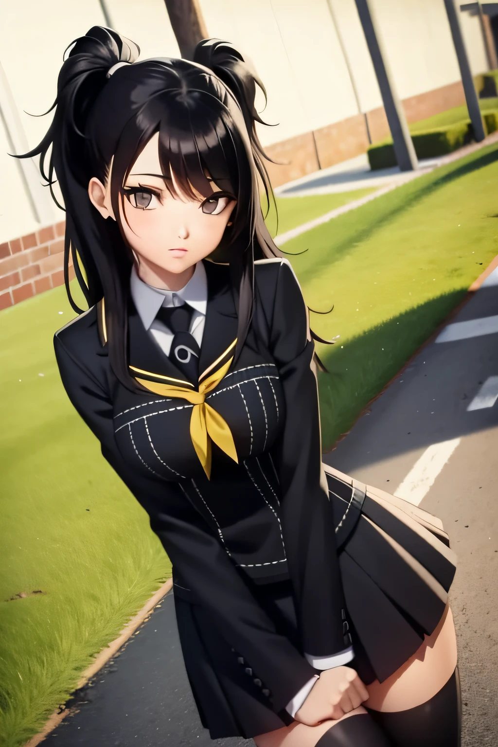 whaite hair，girls，Anime Black Hair，Pupils，school ground，blackstockings,Black eyes