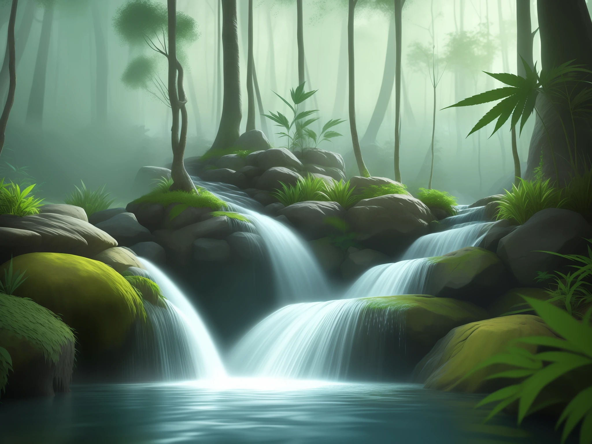 a bong with an active flow water filtration system, Tubes going into a chamber to filter out sediment, and then the water is pumped back into the bong like a waterfall, portrayed like a tabletop fountain. As the water leaves the bong the water turns into steam. The atmosphere is Smokey and cloudy. The background portrays a feeling of a waterfall forest with ????????? leaves all around.
there is a small waterfall in the middle of a jungle, concept art by senior environment artist, trending on polycount, conceptual art, scifi gadgets in a pond, in a jungle environment, brutalist waterfall environment, bioluminescent waterfall, 3 d product render, adventure hyper realistic render, pandora jungle, alien waterfall, beautiful 3 d concept art