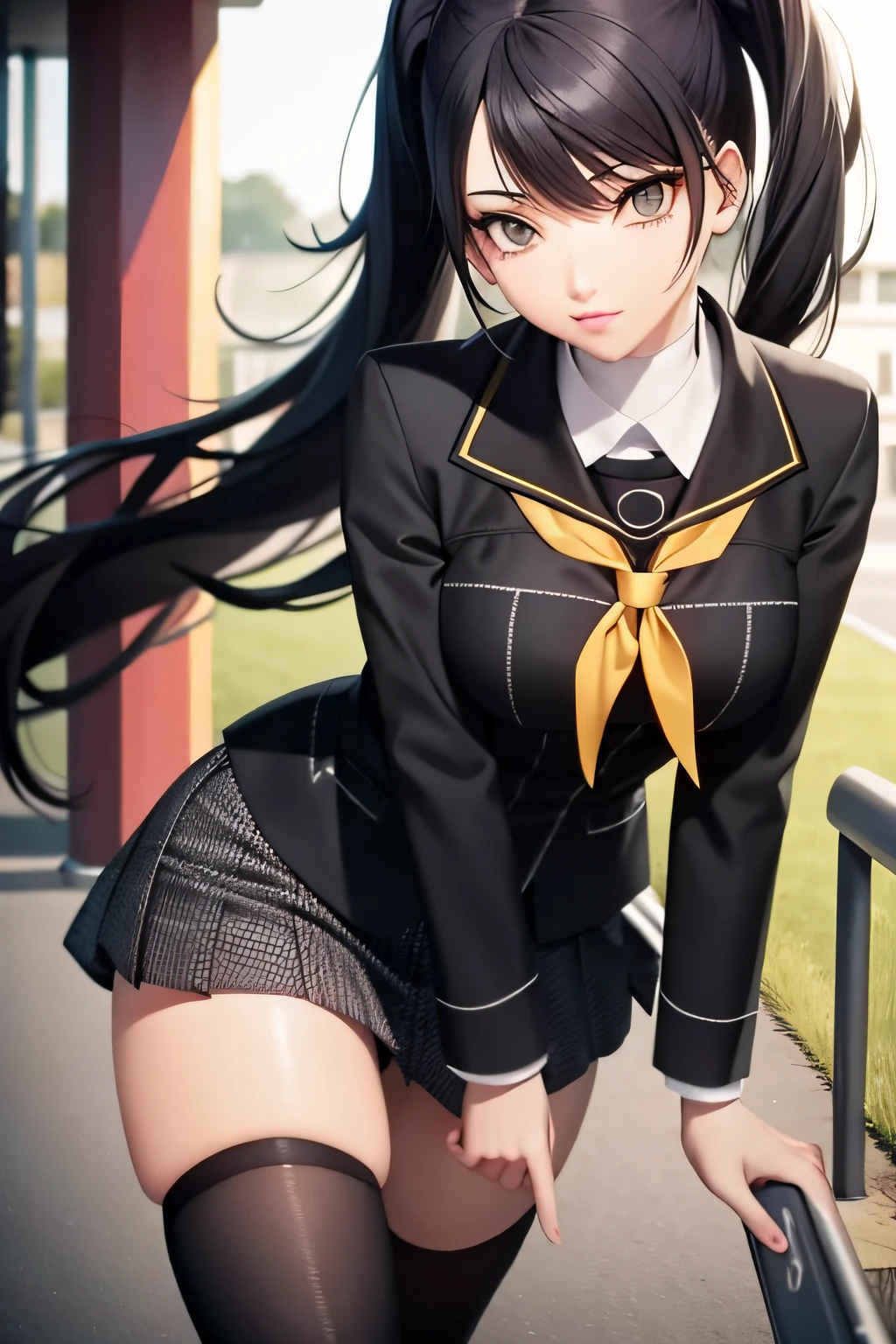 whaite hair，girls，Anime Black Hair，Pupils，school ground，blackstockings,Black eyes