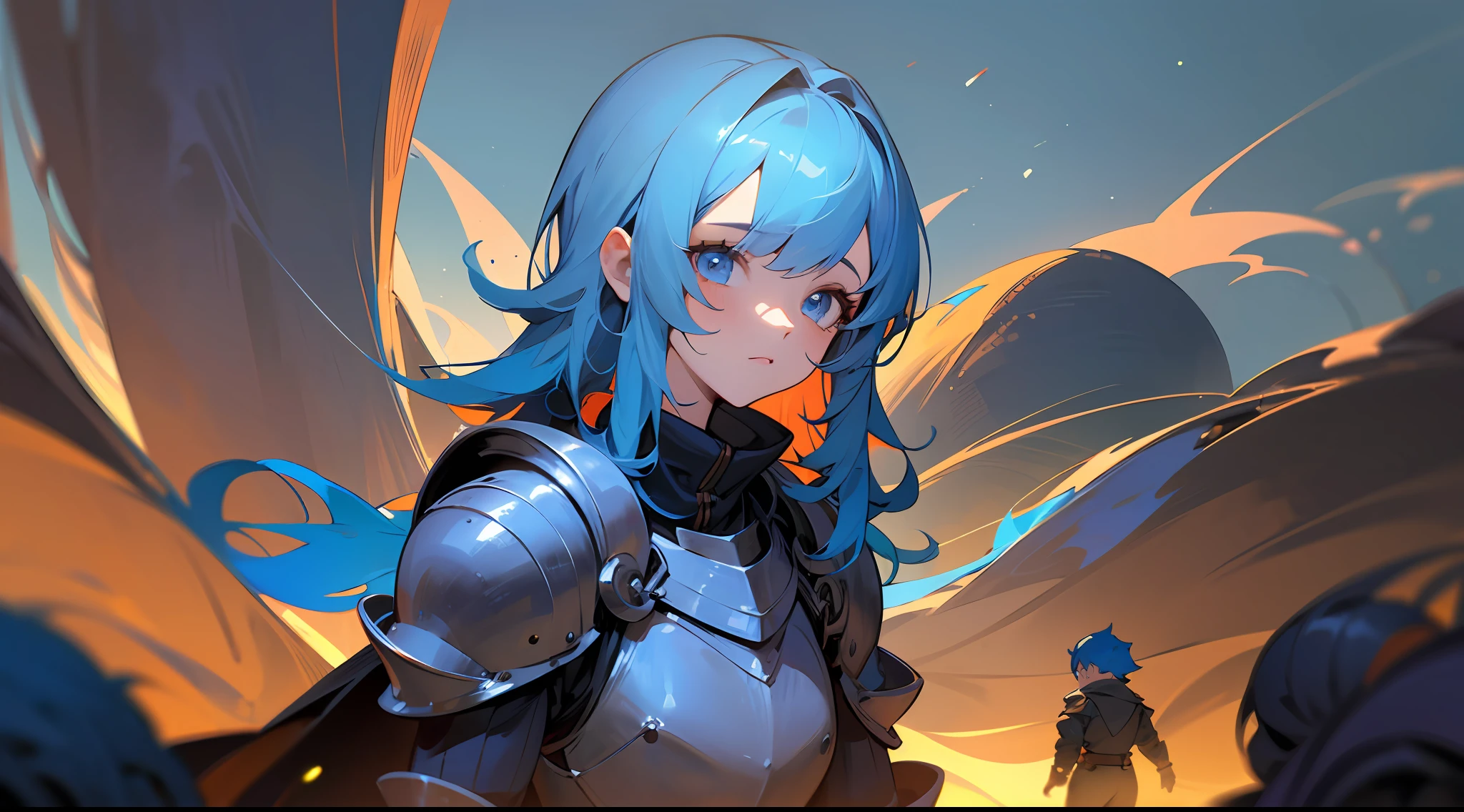 Top quality, detail, 8K, 4K, high resolution, Detailed, blue-haired knight girl, Upper body is shown, , Find things on the dark planet, ((A few girls, Several boys)), characters of various colors, (Fantasy world), Dark night,