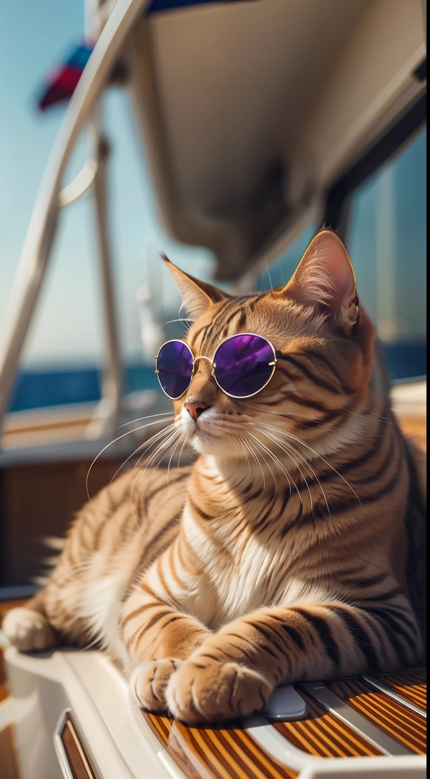 there is a cat that is laying on a boat deck, a picture by Nicholas Marsicano, unsplash, furry art, awesome cat, on a yacht at sea, luxury lifestyle, on a super yacht, on a boat, looking heckin cool and stylish, with sunglasses, liquid cat, flaunting his wealth, relaxing on a yacht at sea, cat photography