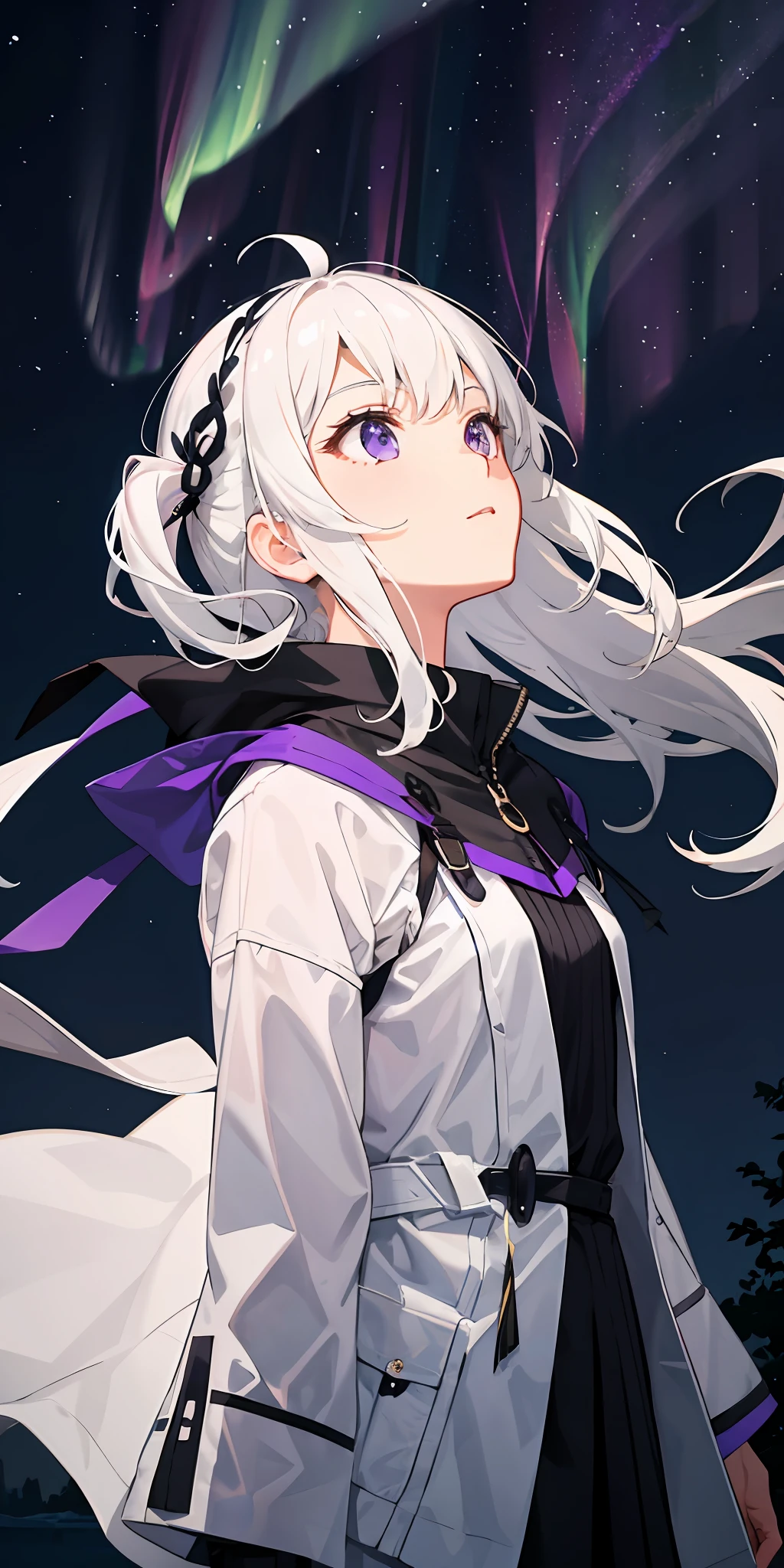 1girl in、White hair、a purple eye、side lights、Aurora、Looking up at the night sky、The wind is blowing