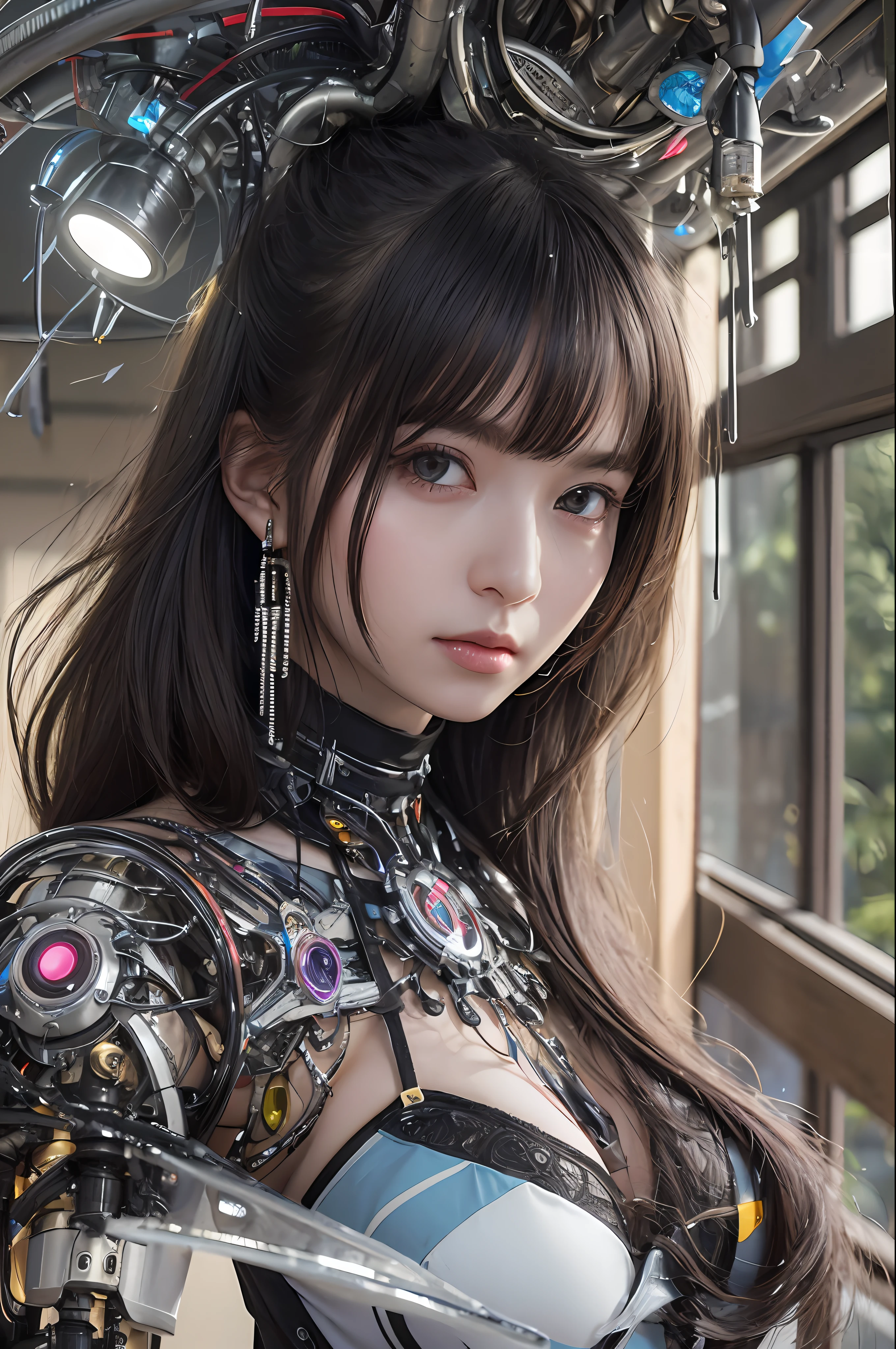 top-quality、​masterpiece、超A high resolution、(Photorealsitic:1.4)、Raw photo、女の子1人、Black hair、glowy skin、1 Mechanical Girl、((super realistic details))、portlate、globalillumination、Shadow、octan render、8K、ultrasharp、Colossal tits、Raw skin is exposed in cleavage、metals、Details of complex ornaments、Gothloli details、steampunc、highly intricate detail、Realistic light、CGSoation Trends、a purple eye、radiant eyes、Facing the camera、neon details、Mechanical limbs、blood vessels connected to tubes、Mechanical vertebrae attached to the back、mechanical cervical attaching to neck、sitting on、Wires and cables connecting to the head、evangerion、Hydraulic cylinder、tubing、Luminous tube、vacuum tubes、Small LED lamp、