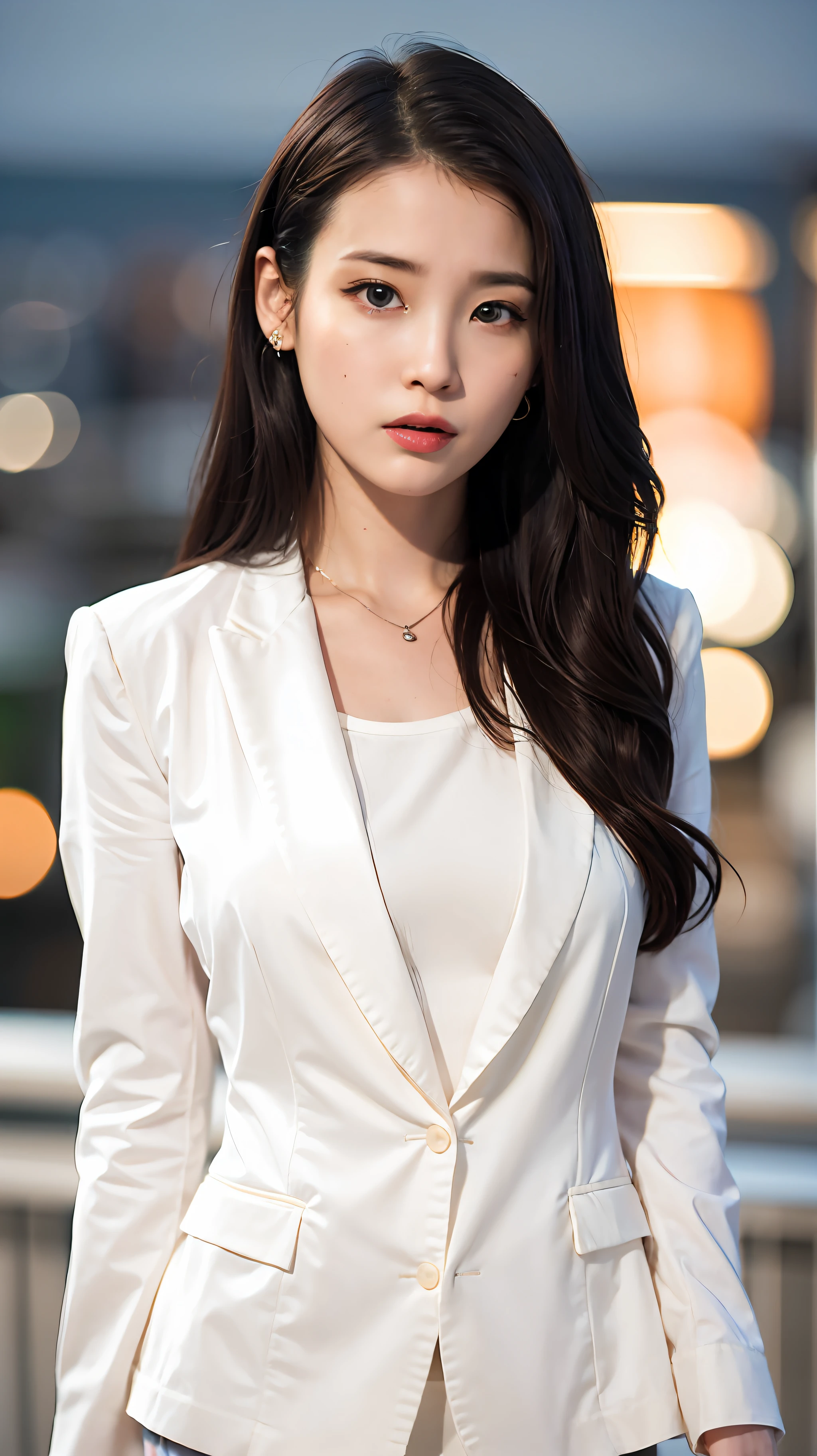 nikon RAW photo,8 k,Fujifilm XT3,masterpiece, best quality, 1girl,solo,realistic, photorealistic,ultra detailed,
diamond stud earrings, long straight black hair, hazel eyes, serious expression, slender figure, wearing a black blazer and white blouse, standing against a city skyline at night
iu1,
