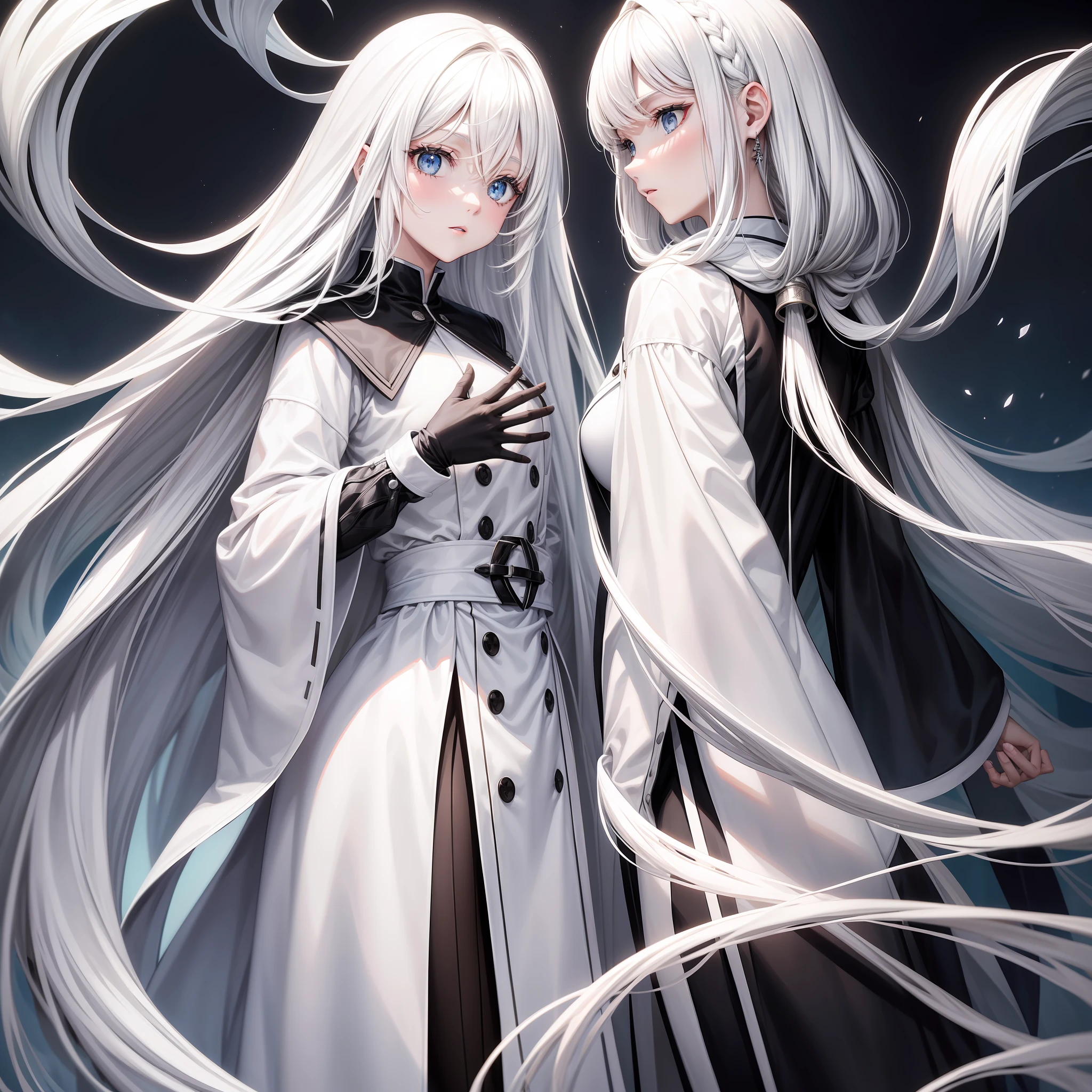Manteau blanc,white skinned,black color hair,long whitr hair,style,full bodyesbian,Need,tmasterpiece
