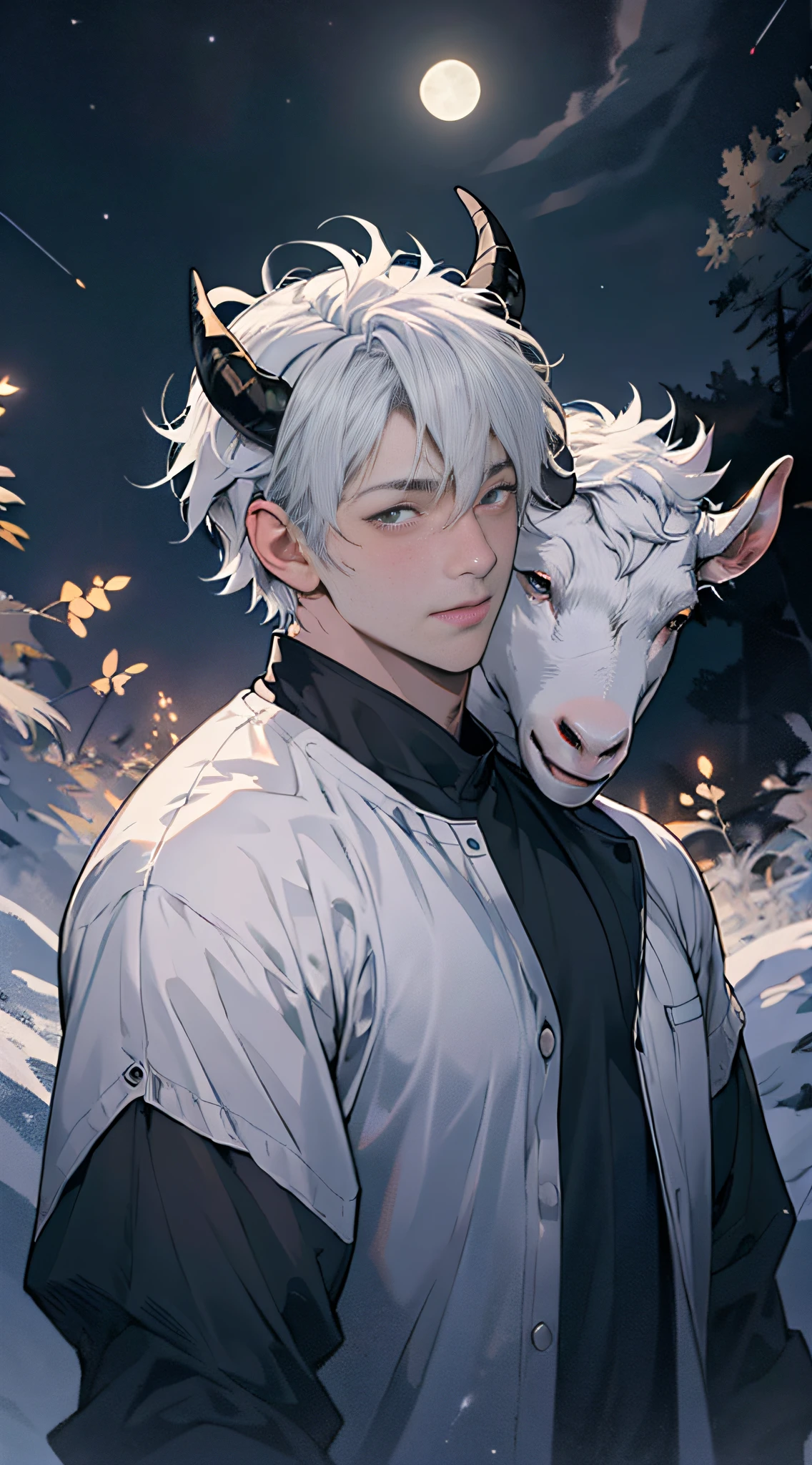 primitive，8K，k hd, Masterpiece, 1 male, White goat horn，Aries constellation, Silver short bob hair，Bust photo，Moonlit Night Background，mistic，starryskybackground